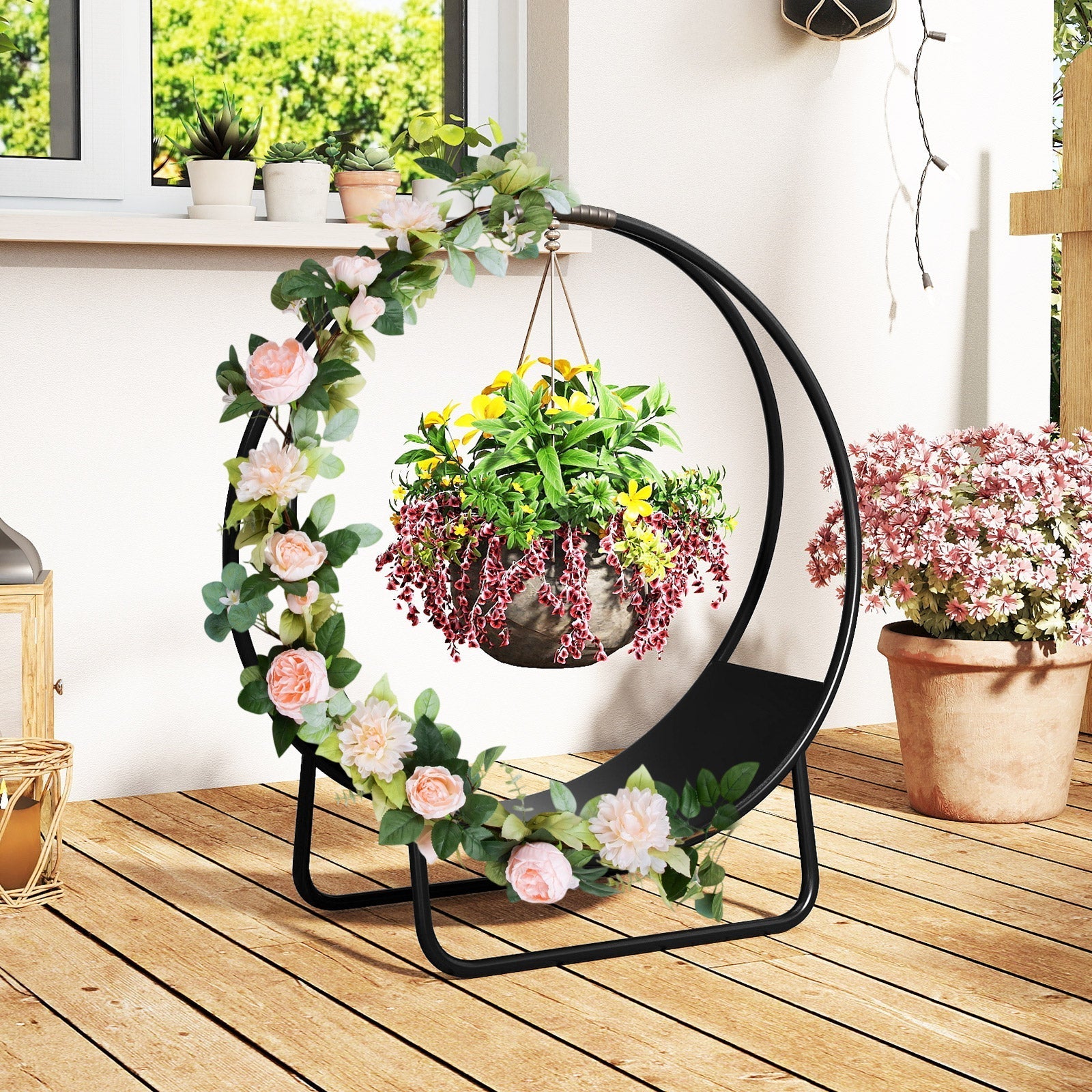 Firewood Log Hoop 20 Inch Round Heavy-duty Metal Curved Log Rack with Stand