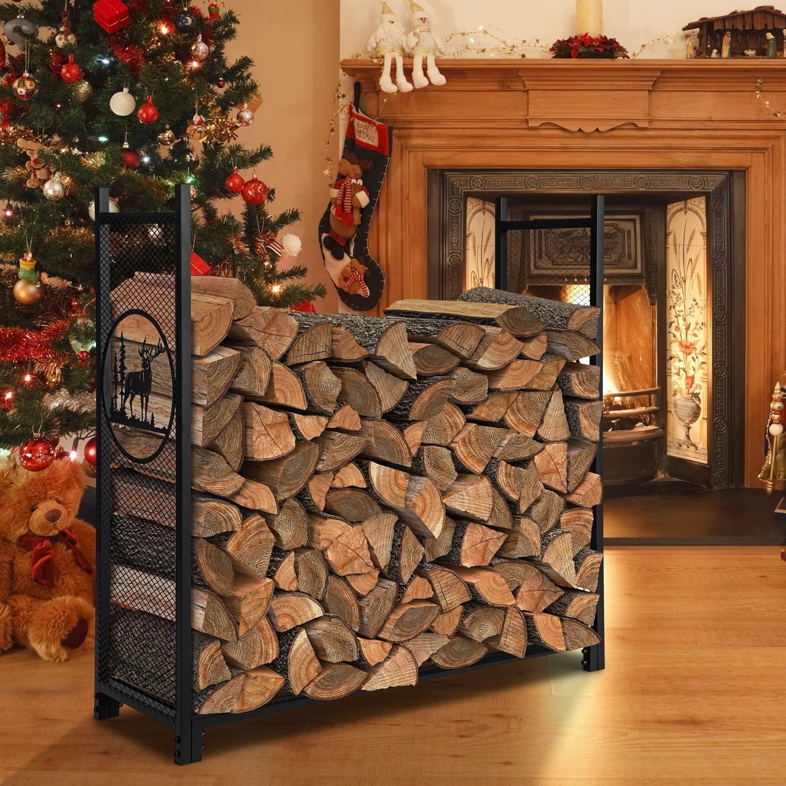 4 Feet Firewood Rack Stand with Mesh Sides