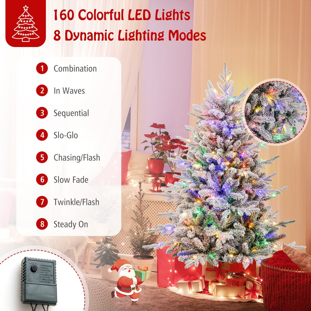 7 Feet Flocked Christmas Tree with 8 Lighting Modes and Multi-Color LED Lights