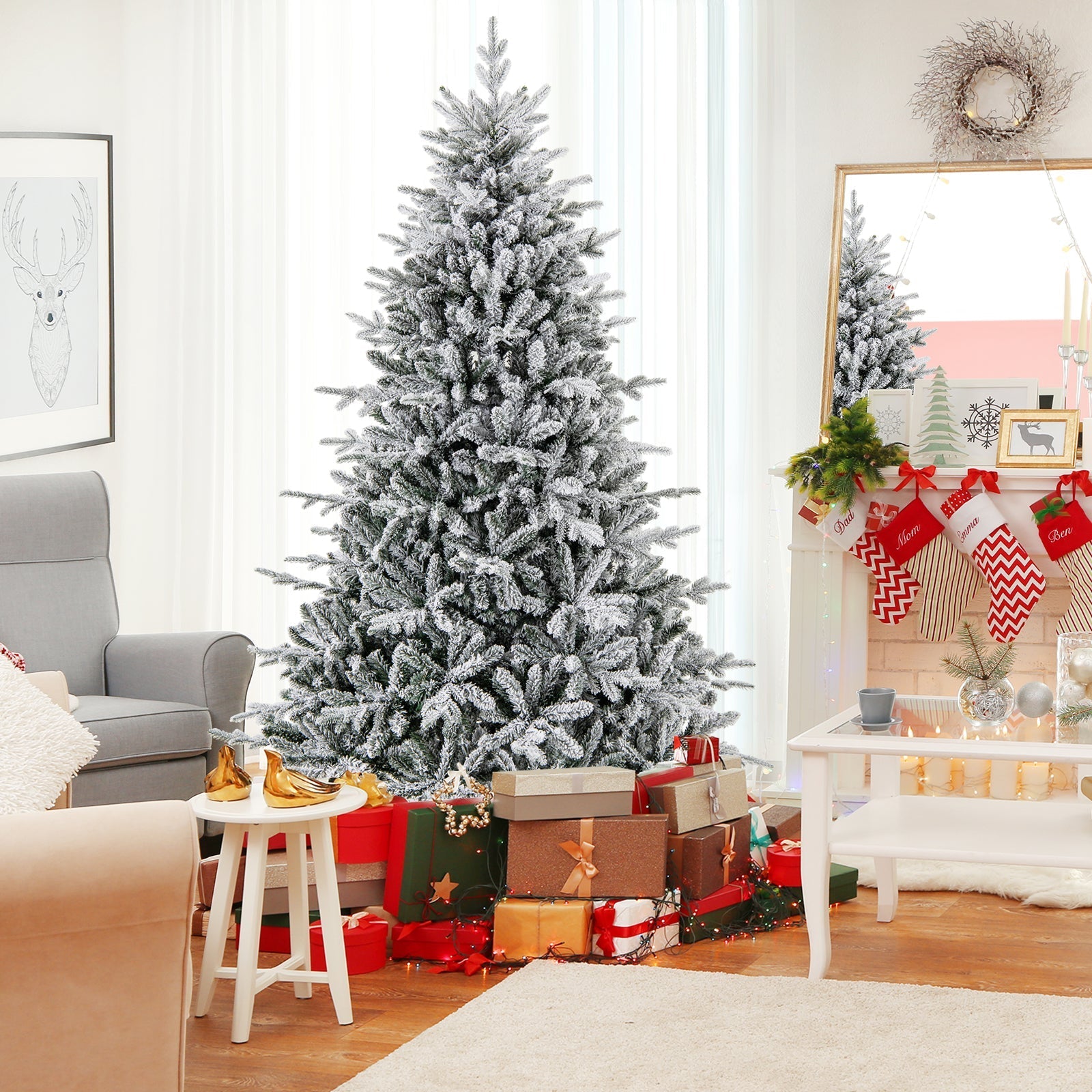 7 Feet Flocked Christmas Tree with 8 Lighting Modes and Multi-Color LED Lights