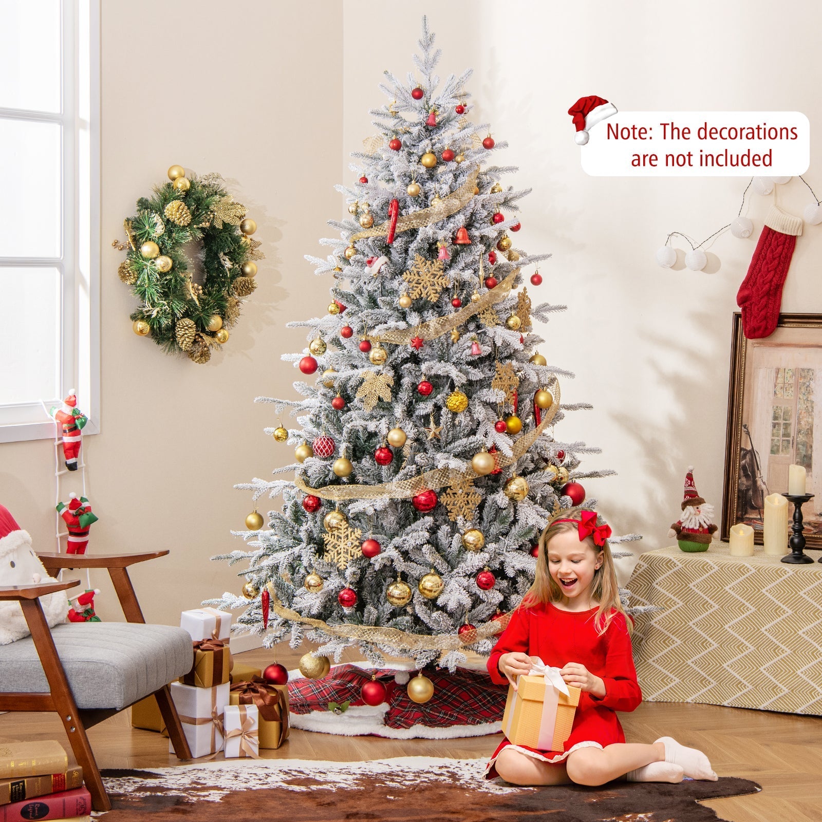 7 Feet Flocked Christmas Tree with 8 Lighting Modes and Multi-Color LED Lights