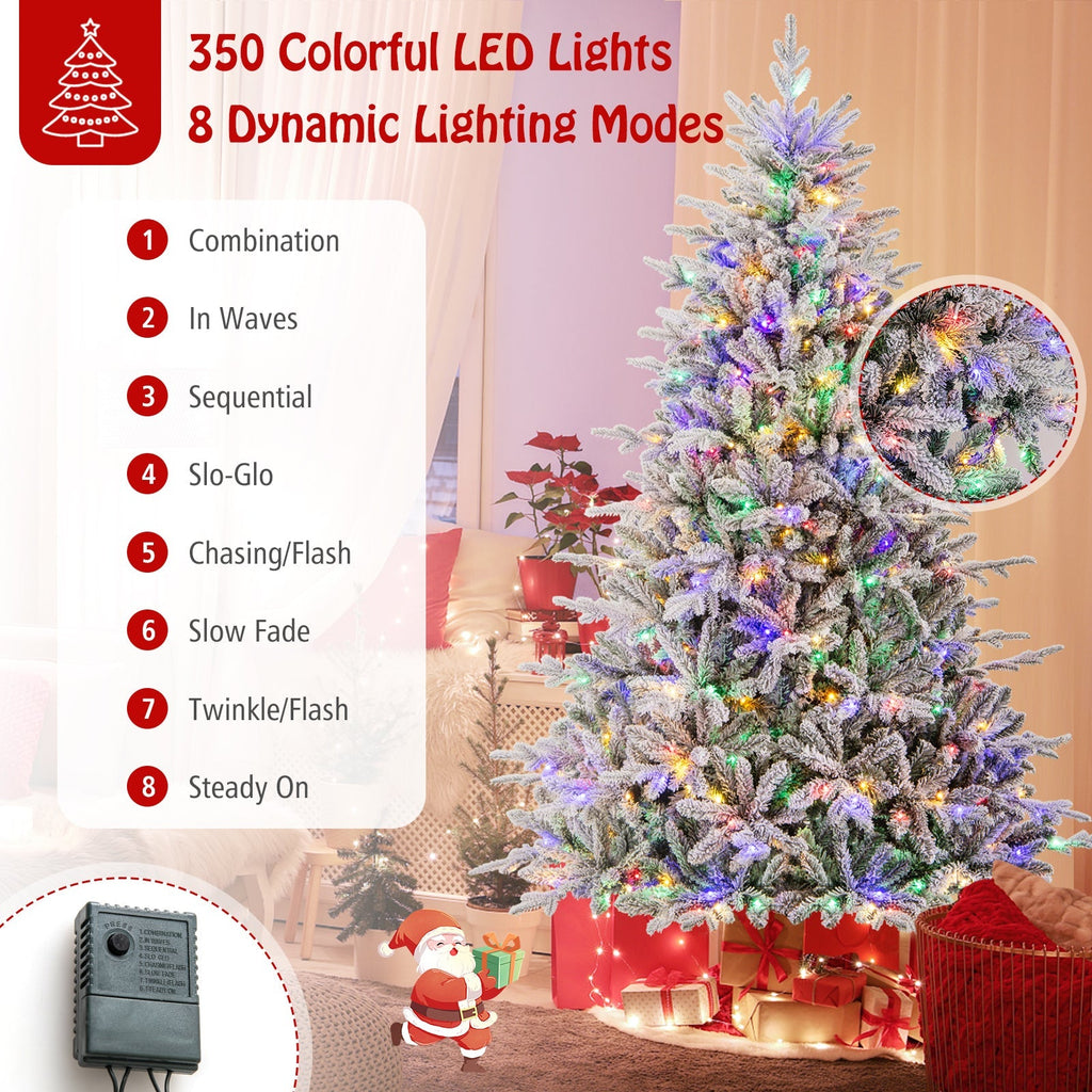 7 Feet Flocked Christmas Tree with 8 Lighting Modes and Multi-Color LED Lights