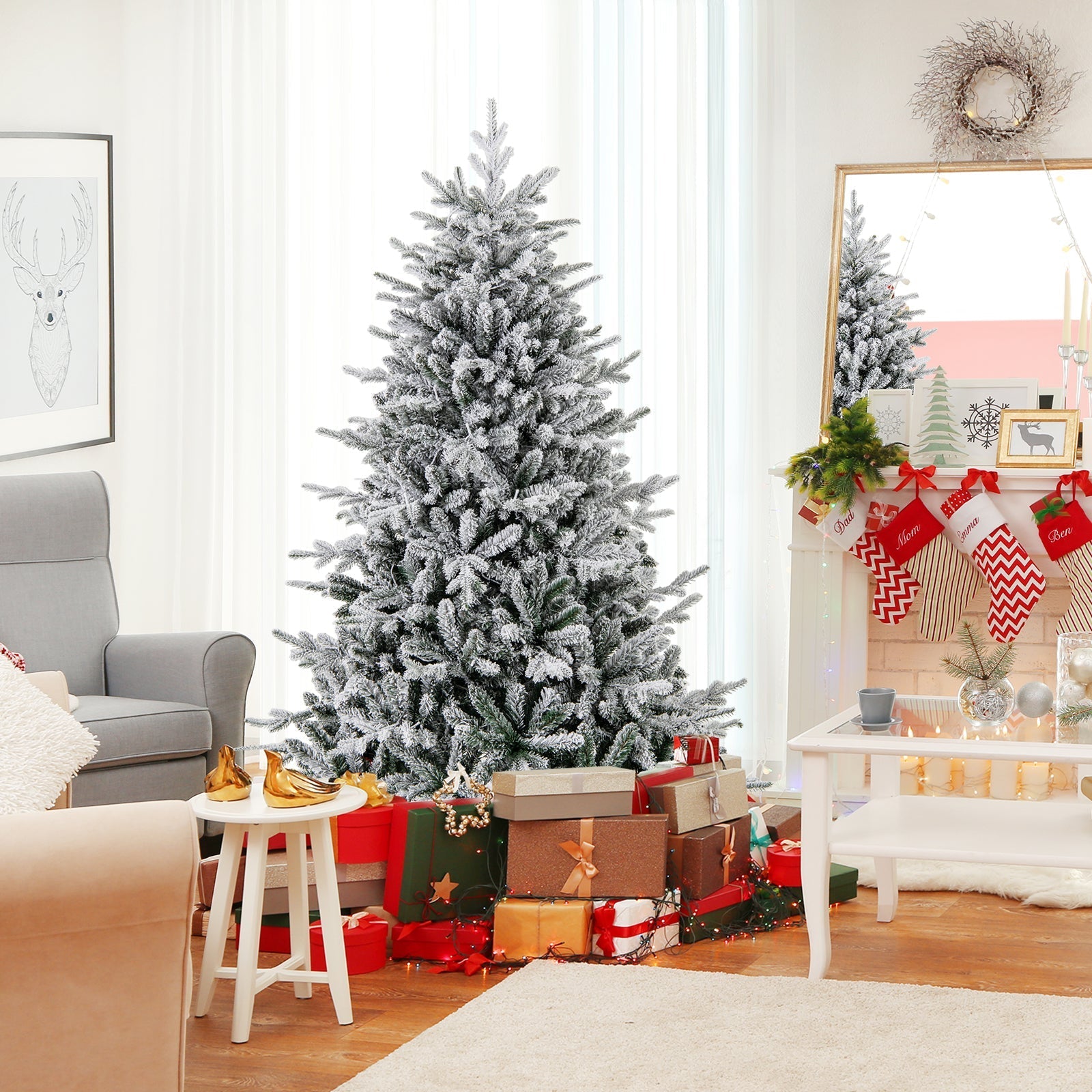 7 Feet Flocked Christmas Tree with 8 Lighting Modes and Multi-Color LED Lights