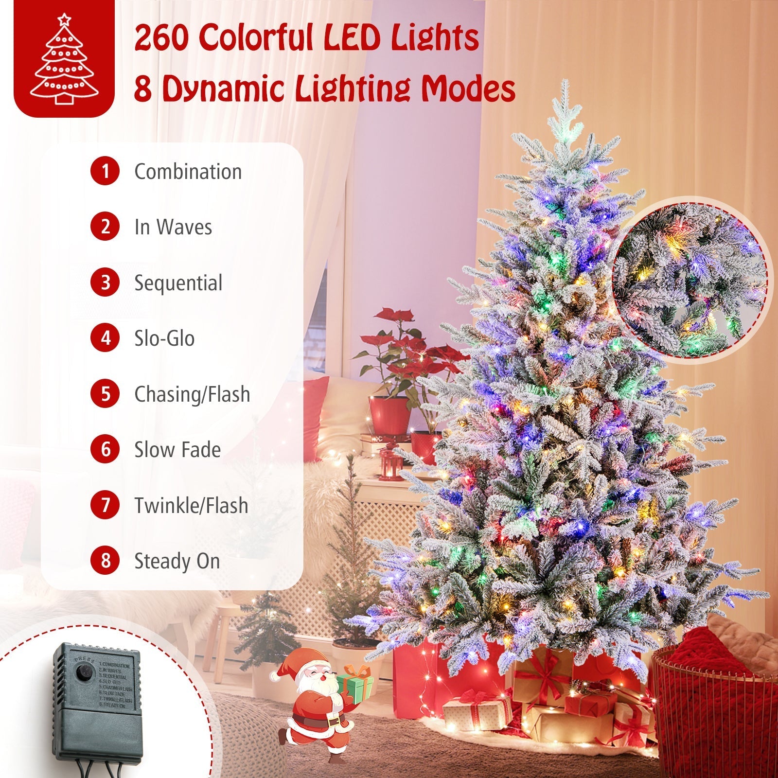 7 Feet Flocked Christmas Tree with 8 Lighting Modes and Multi-Color LED Lights