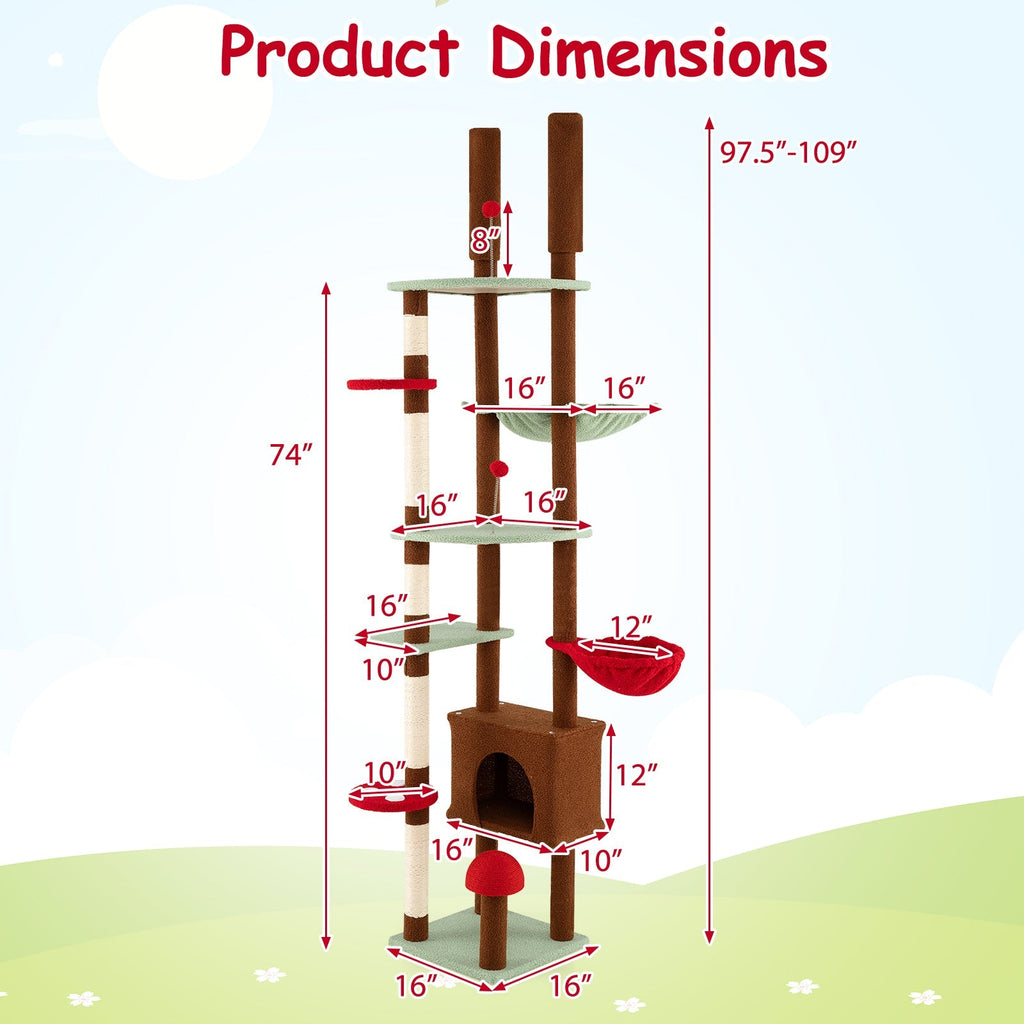 Floor to Ceiling Cat Tree Adjustable Mushroom Themed with Condo and Hammock-Brown