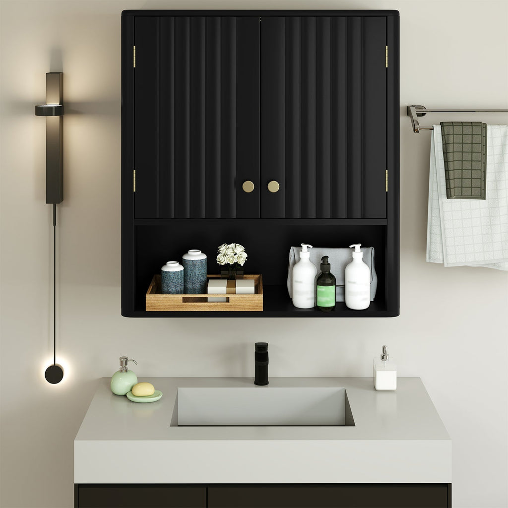 Fluted Bathroom Wall Cabinet with Open Shelf