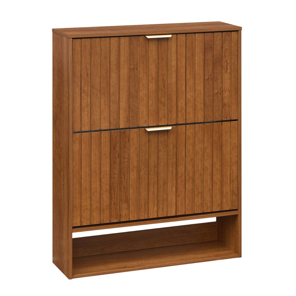 Fluted Shoe Cabinet with 2 Flip Drawers and Open Storage