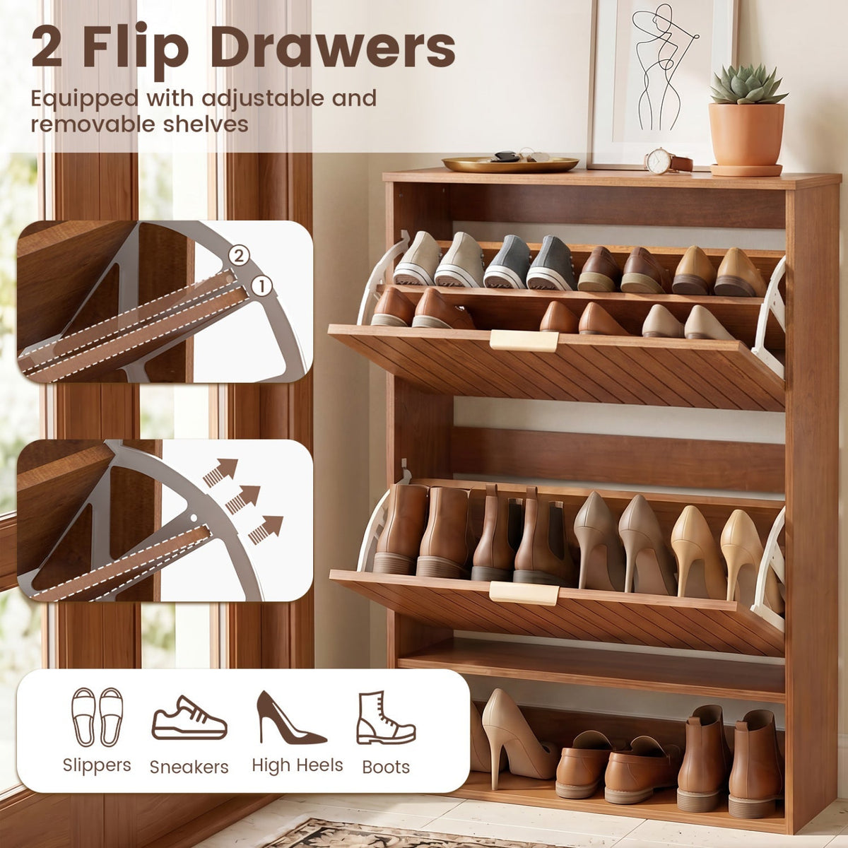 Fluted Shoe Cabinet with 2 Flip Drawers and Open Storage