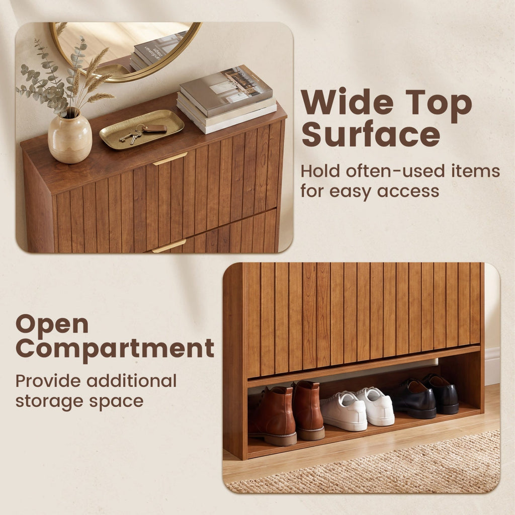 Fluted Shoe Cabinet with 2 Flip Drawers and Open Storage