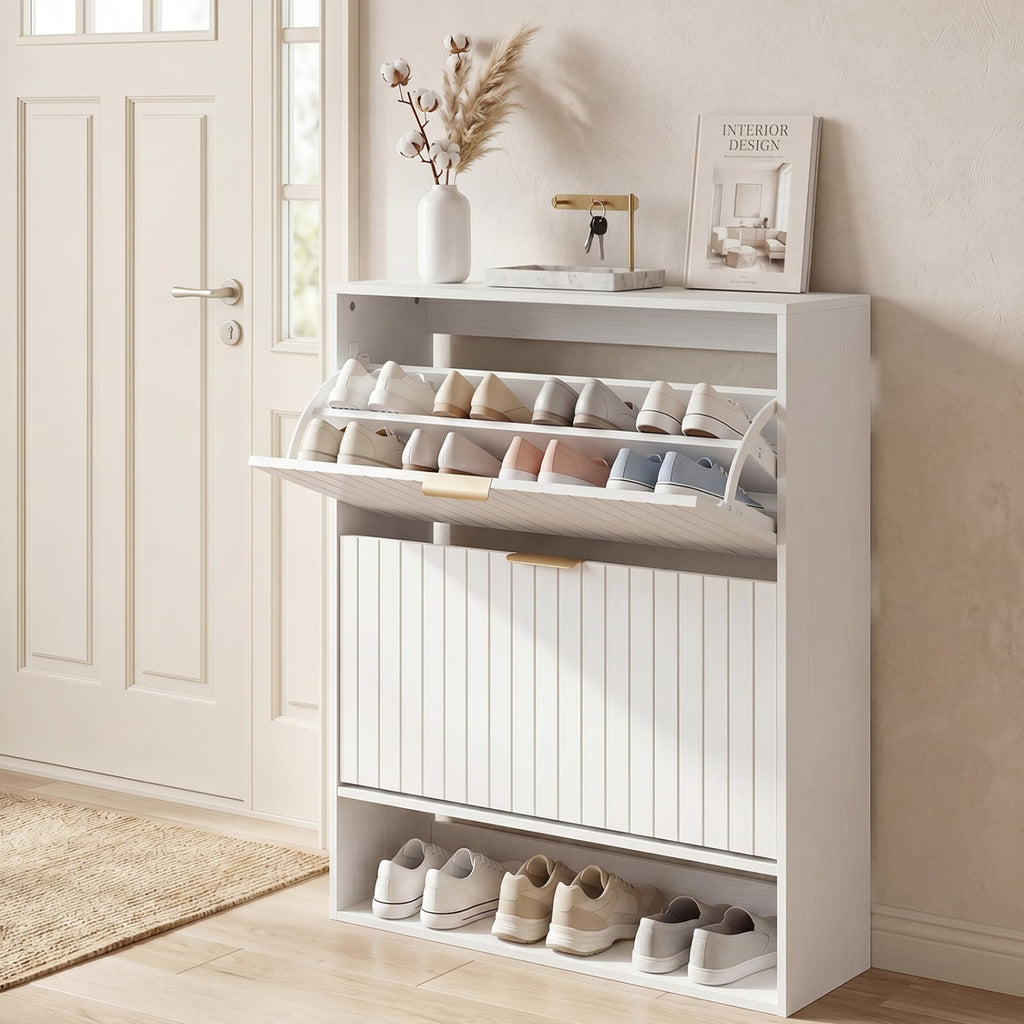Fluted Shoe Cabinet with 2 Flip Drawers and Open Storage