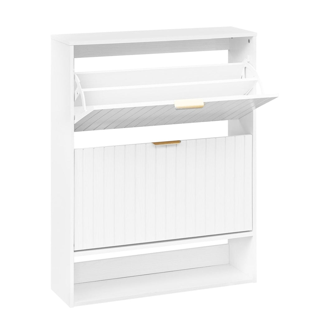 Fluted Shoe Cabinet with 2 Flip Drawers and Open Storage
