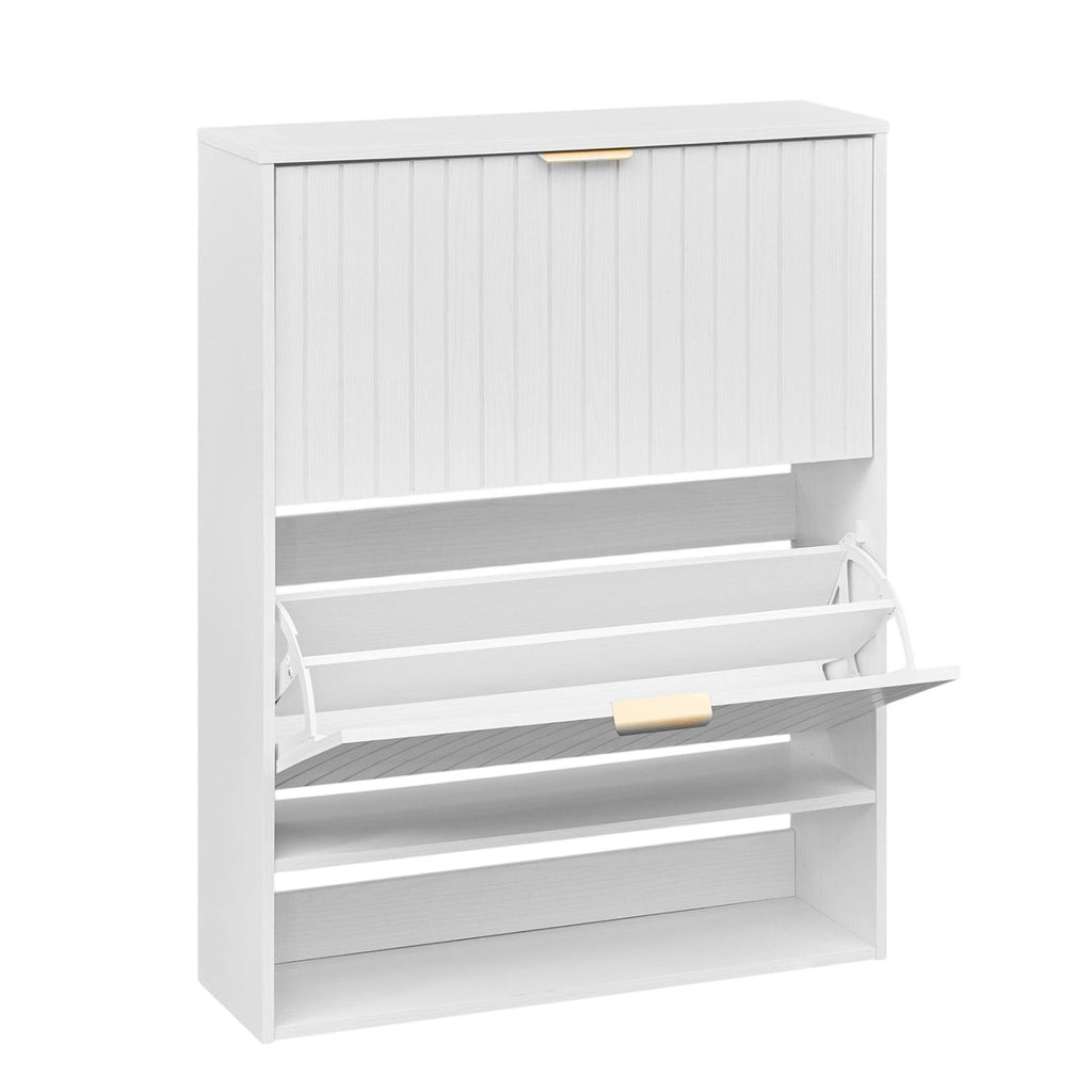 Fluted Shoe Cabinet with 2 Flip Drawers and Open Storage