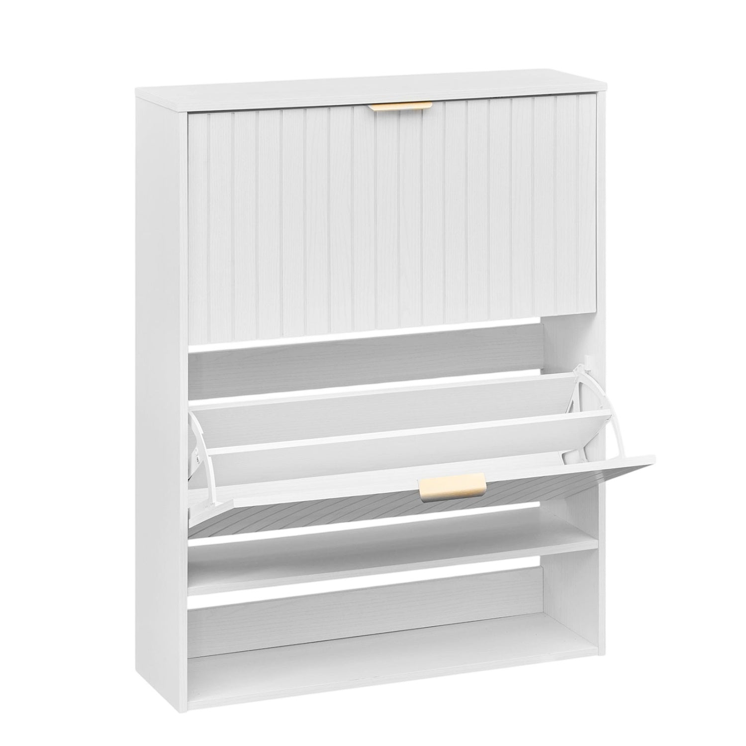 Fluted Shoe Cabinet with 2 Flip Drawers and Open Storage