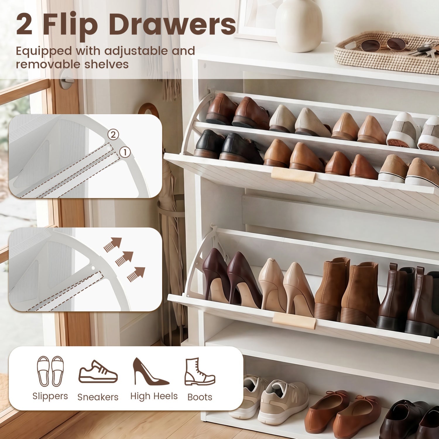 Fluted Shoe Cabinet with 2 Flip Drawers and Open Storage