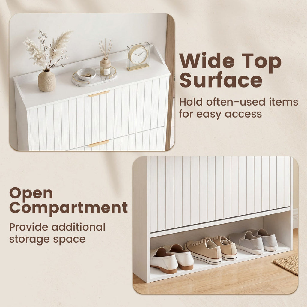 Fluted Shoe Cabinet with 2 Flip Drawers and Open Storage