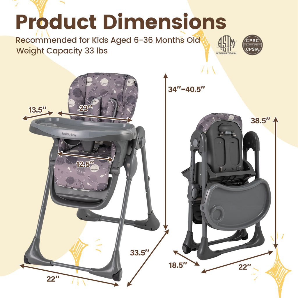 Folable High Chair with Detachable Cushion and High Chair for Babies and Toddlers-Gray