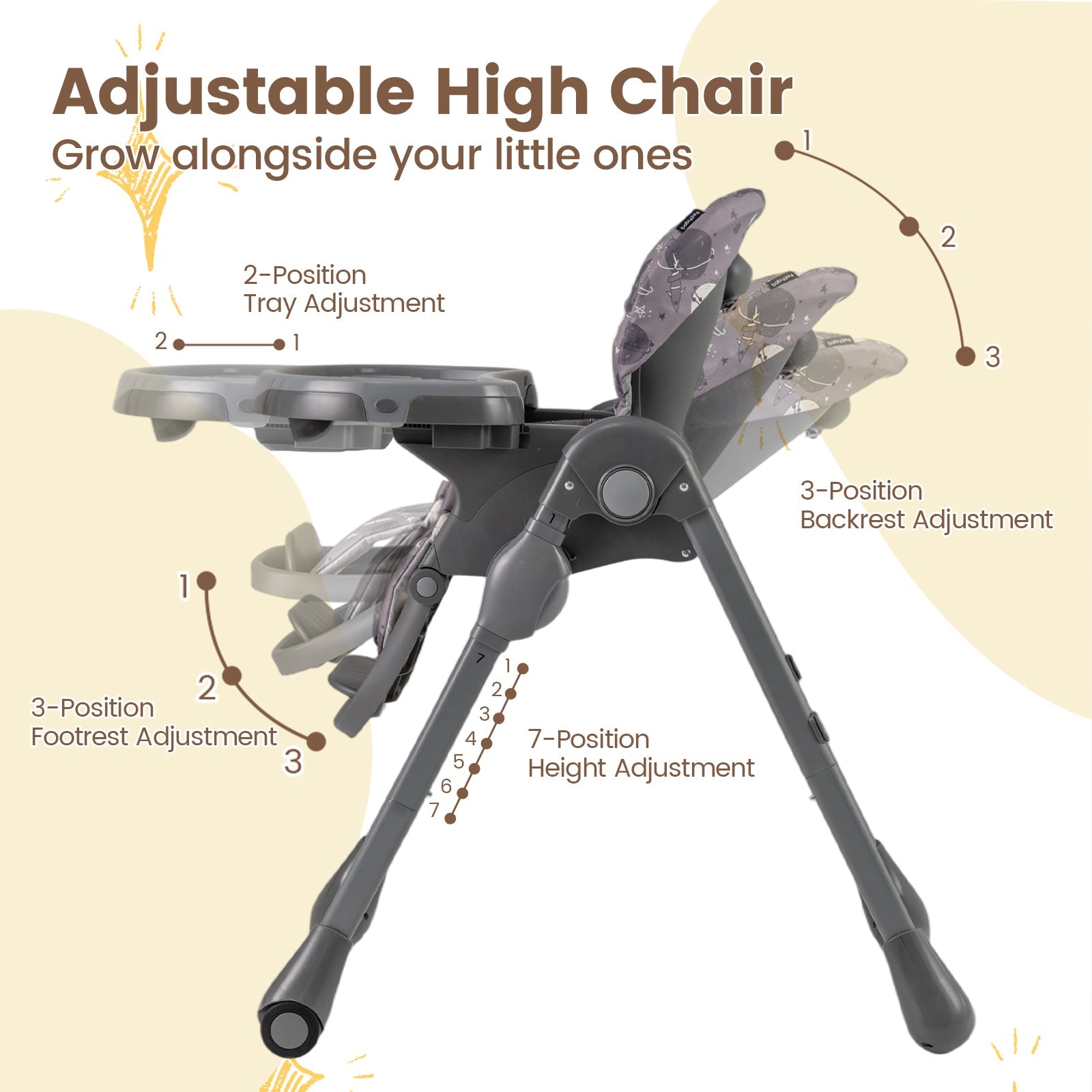 Folable High Chair with Detachable Cushion and High Chair for Babies and Toddlers-Gray
