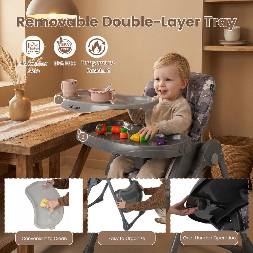 Folable High Chair with Detachable Cushion and High Chair for Babies and Toddlers-Gray