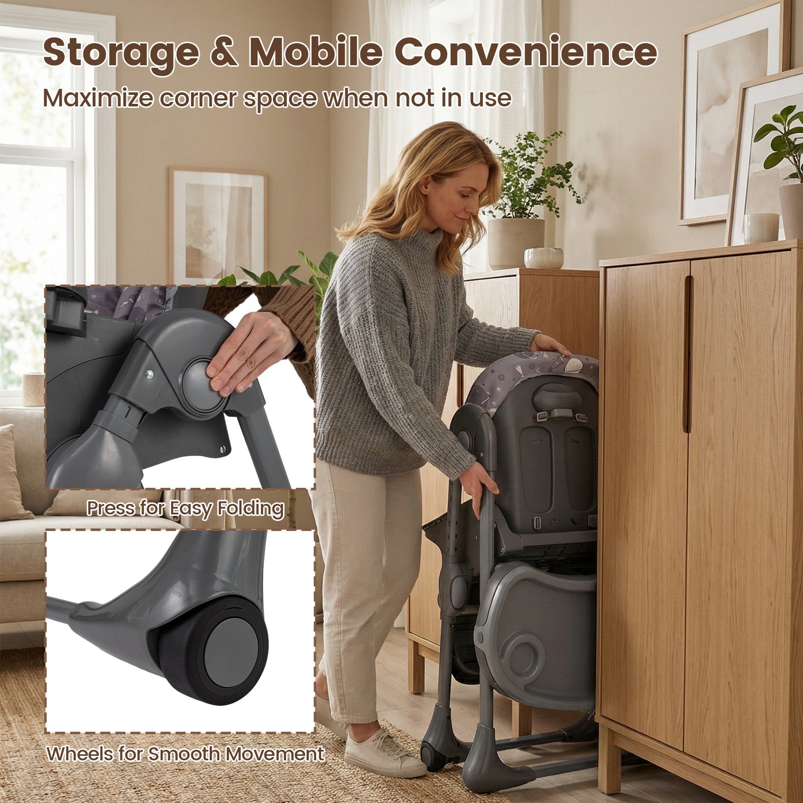 Folable High Chair with Detachable Cushion and High Chair for Babies and Toddlers-Gray
