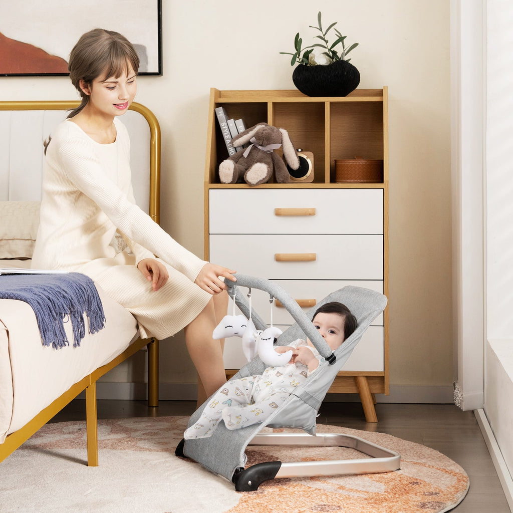 Foldable Baby Bouncer with Removable Fabric Cover and Toy Bar