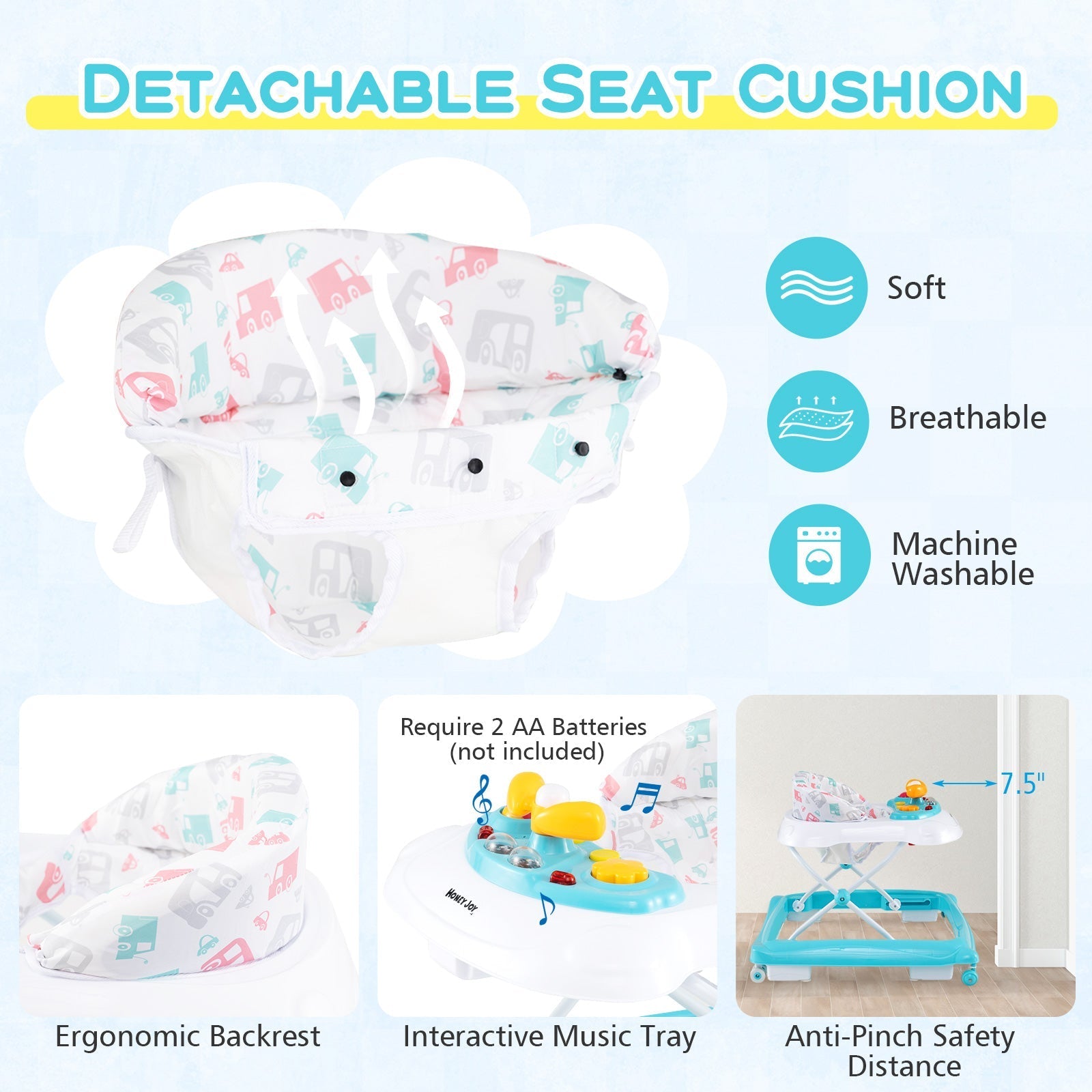 Foldable Baby Walker with 3 Adjustable Heights and Padded Seat
