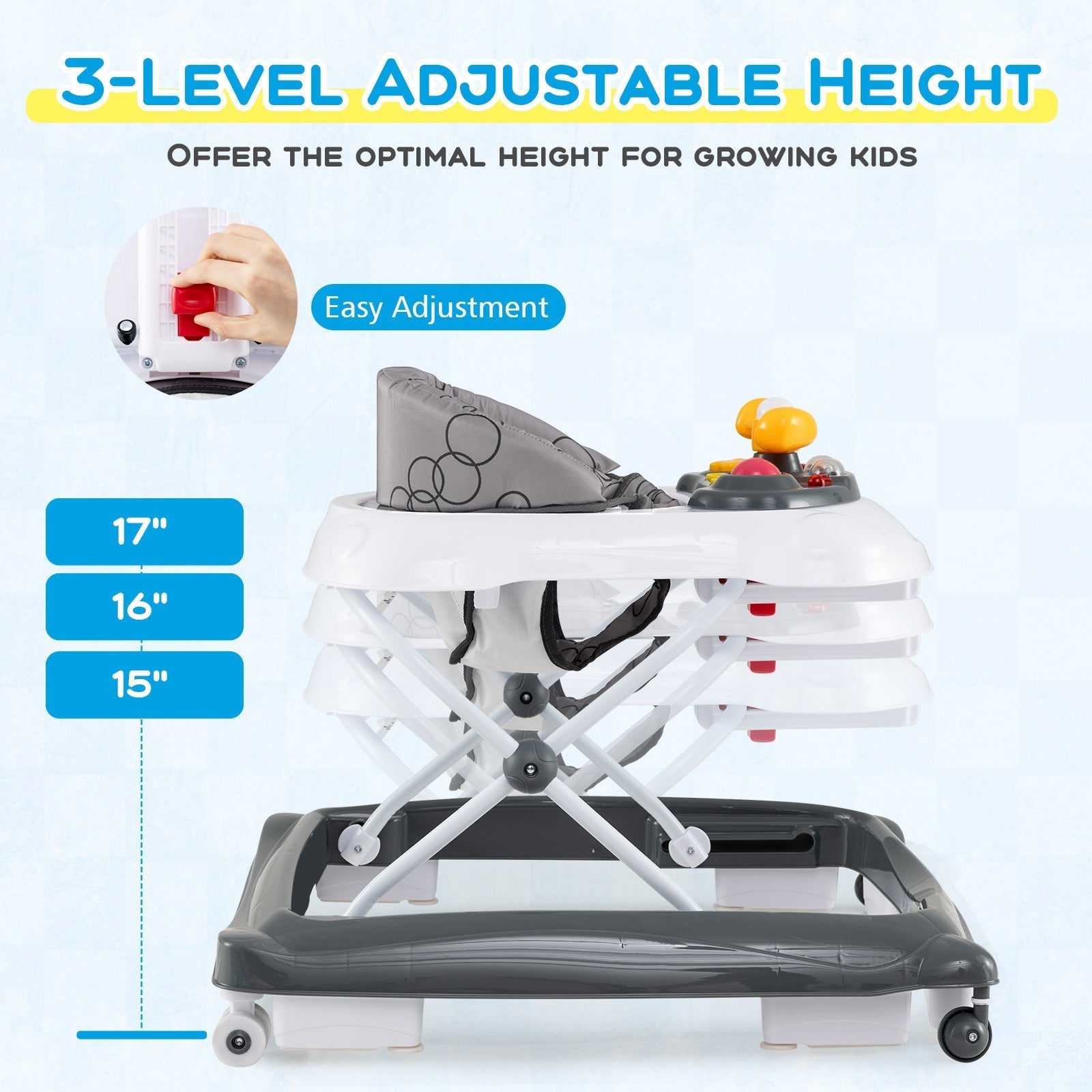 Foldable Baby Walker with 3 Adjustable Heights and Padded Seat
