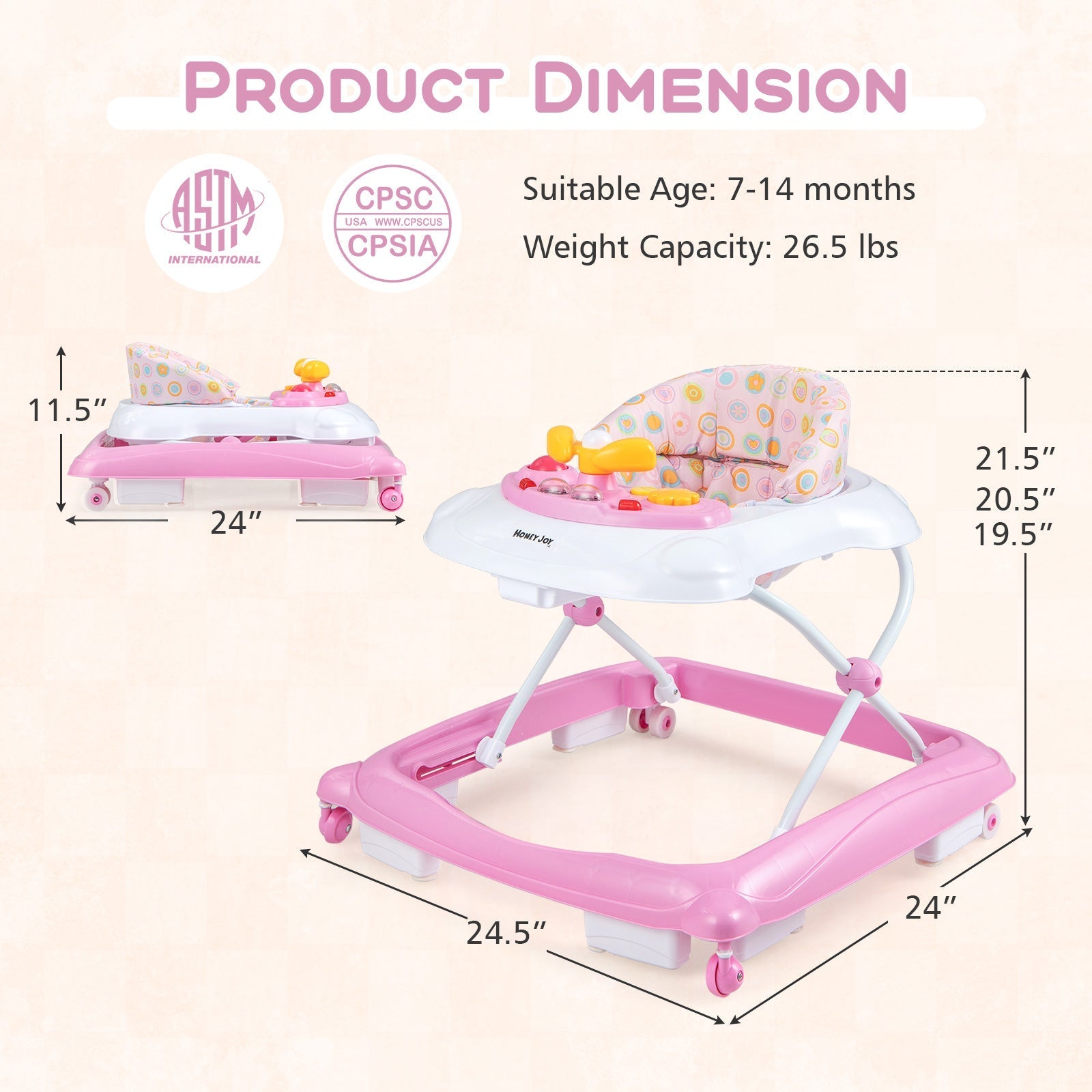Foldable Baby Walker with 3 Adjustable Heights and Padded Seat