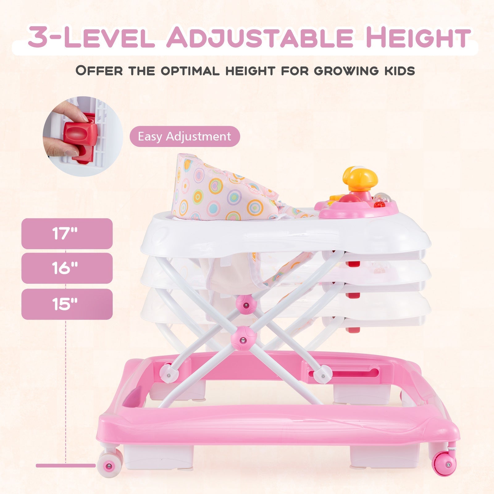 Foldable Baby Walker with 3 Adjustable Heights and Padded Seat