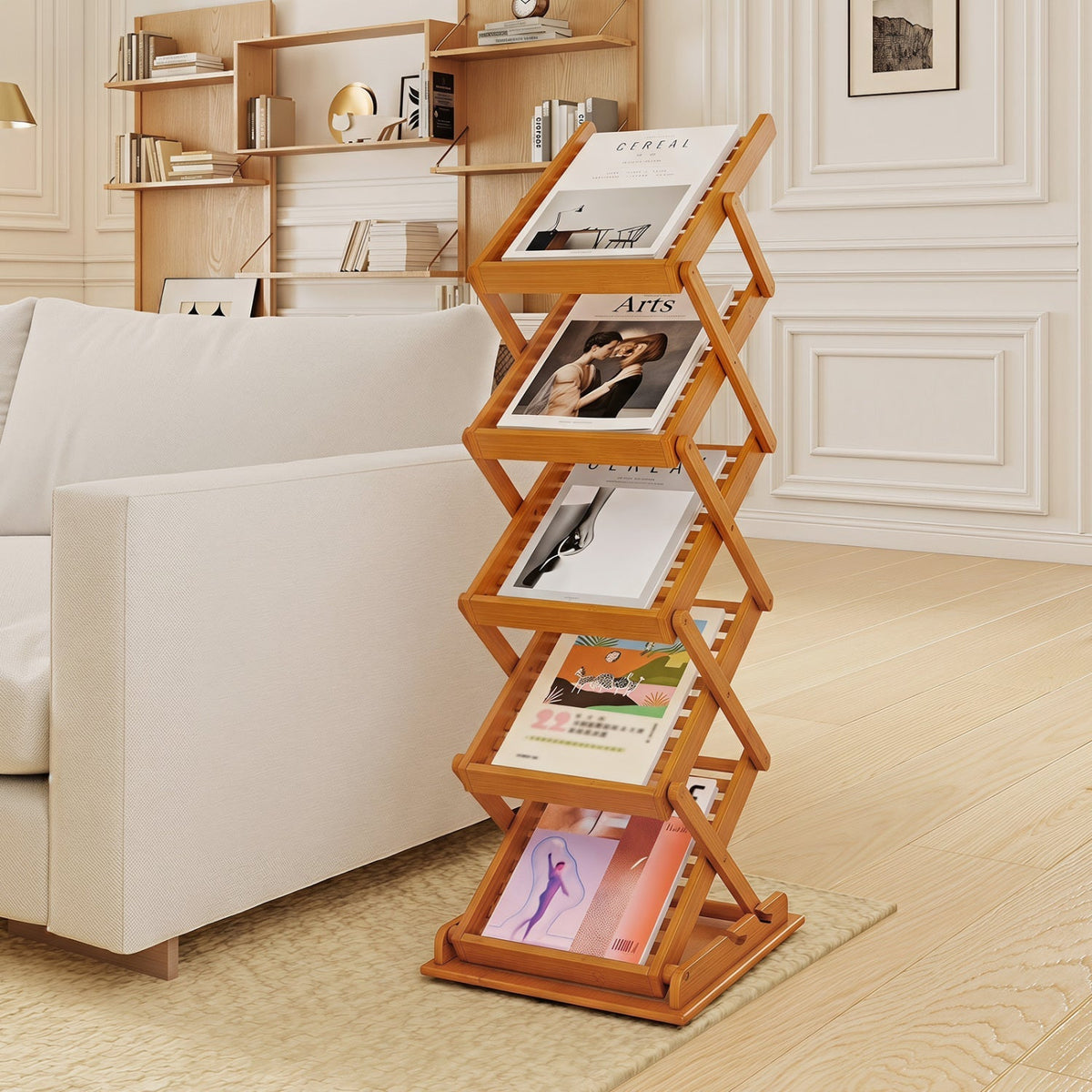 Foldable Bamboo Magazine Rack with 5 Tiers and 2 Positions