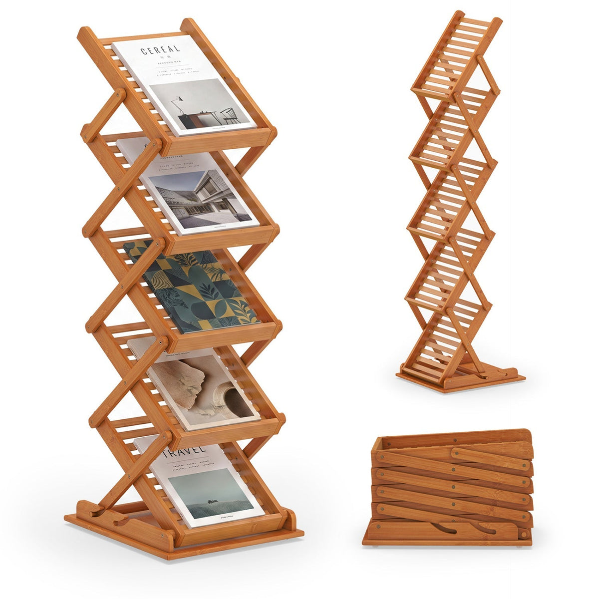 Foldable Bamboo Magazine Rack with 5 Tiers and 2 Positions