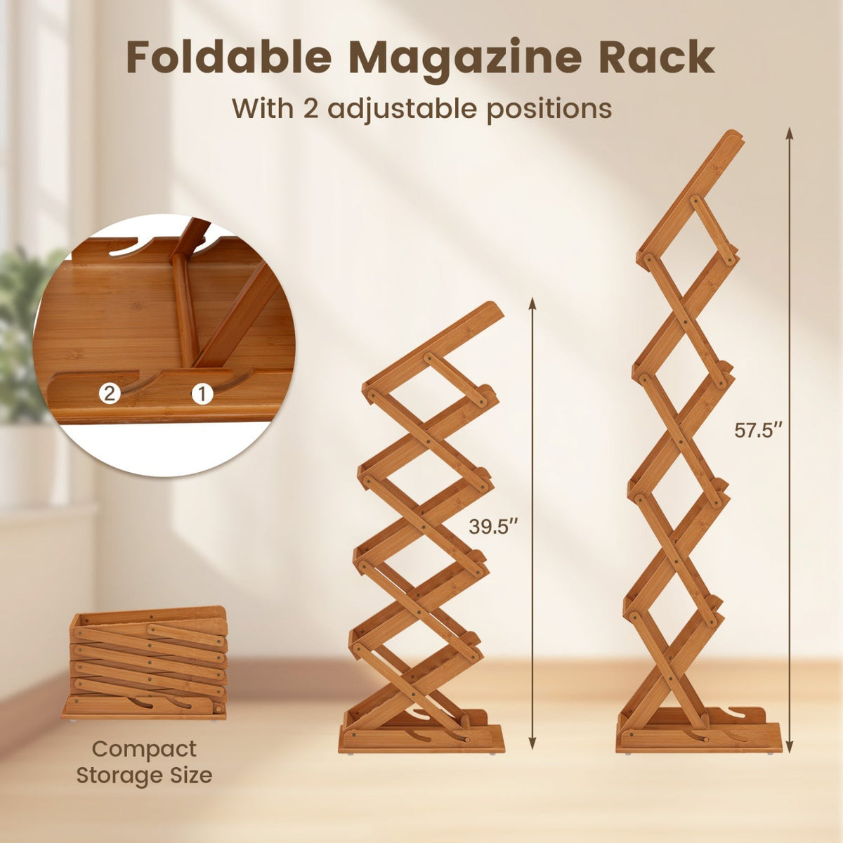 Foldable Bamboo Magazine Rack with 5 Tiers and 2 Positions