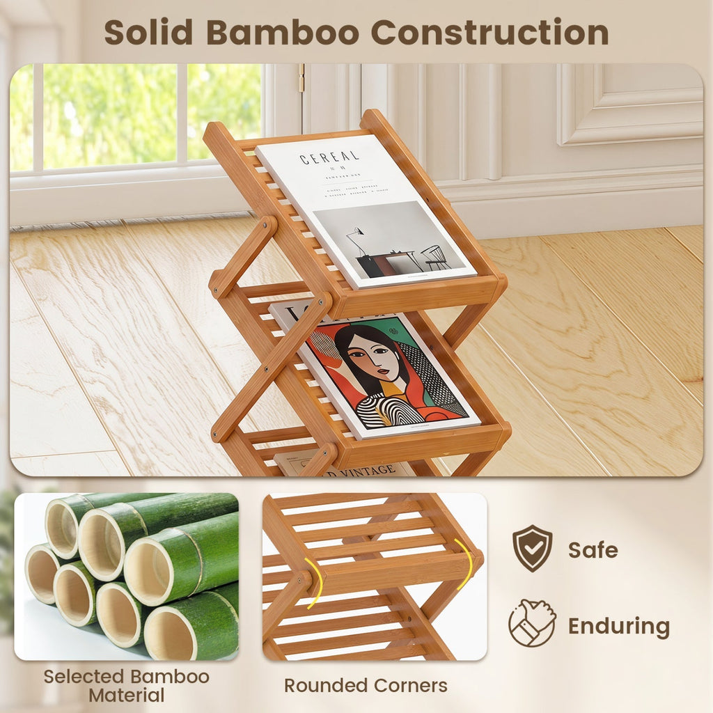 Foldable Bamboo Magazine Rack with 5 Tiers and 2 Positions