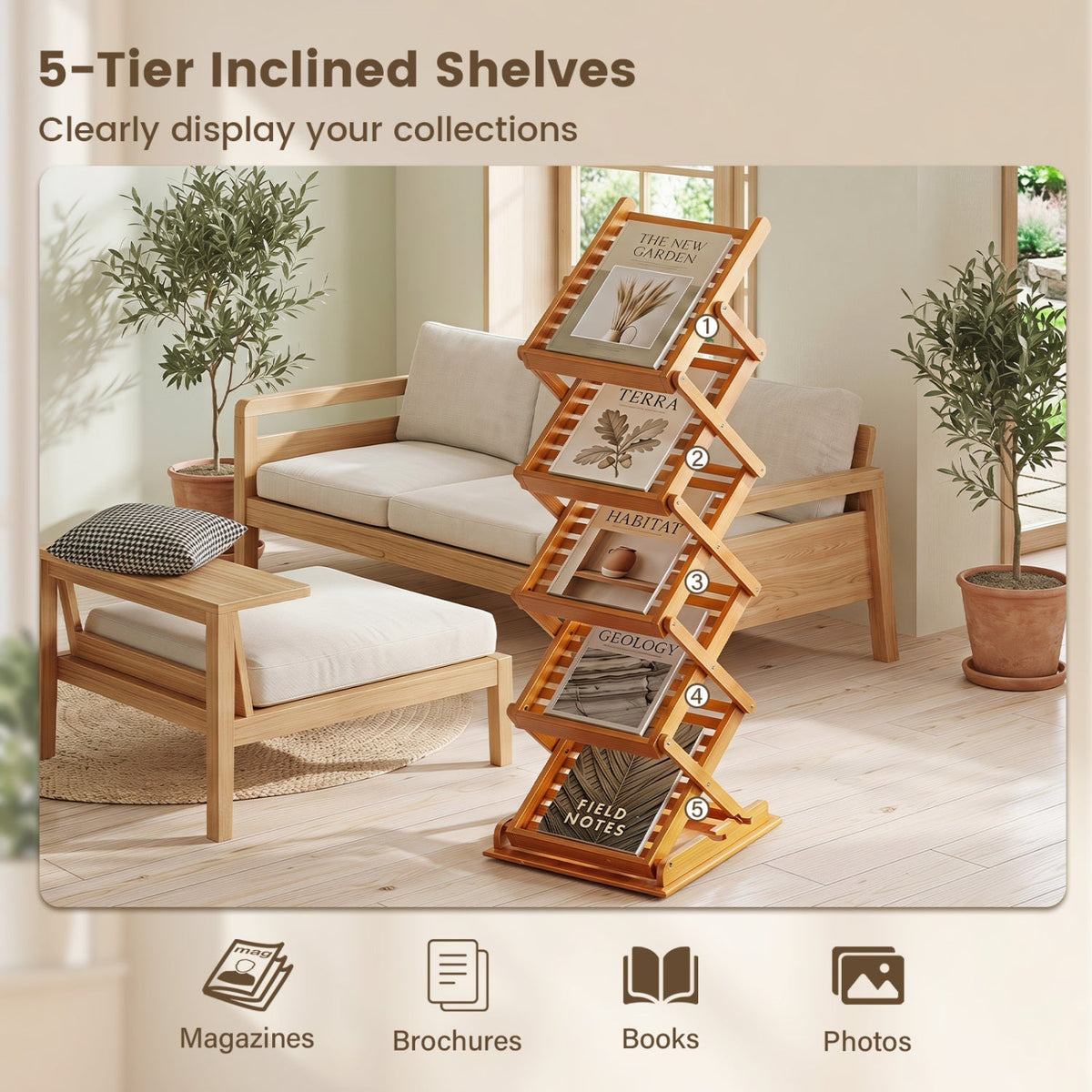 Foldable Bamboo Magazine Rack with 5 Tiers and 2 Positions