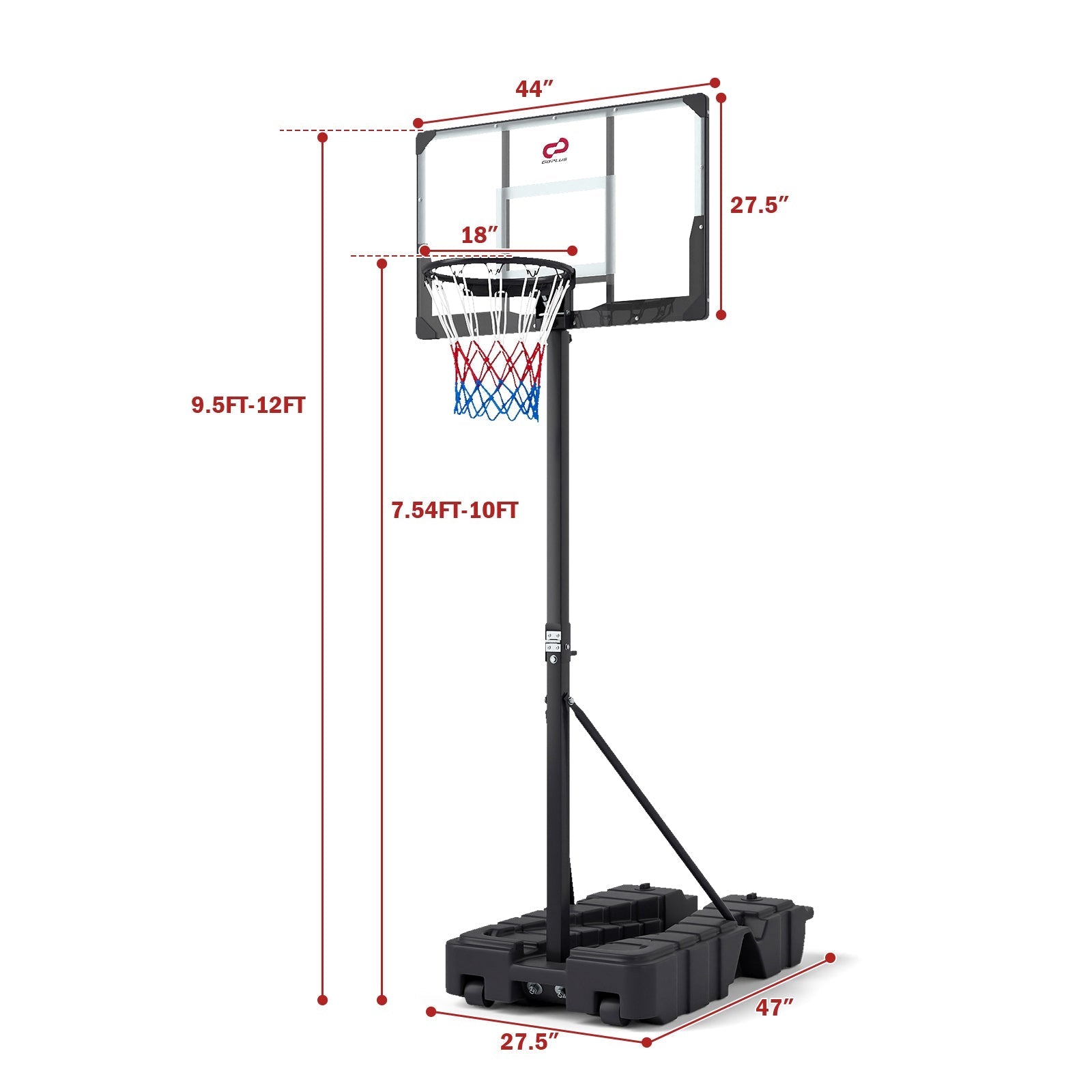 Foldable Basketball Hoop 7.54-10 ft Stepless Adjustable with PC Backboard