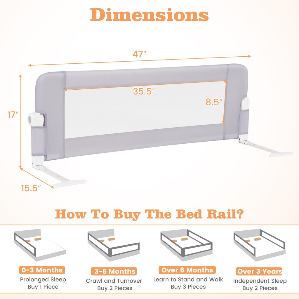 Foldable Bed Rail with Swing Down Design - Light Gray