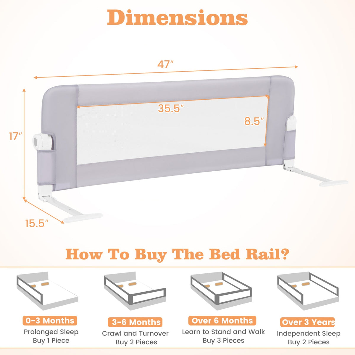 Foldable Bed Rail with Swing Down Design - Light Gray