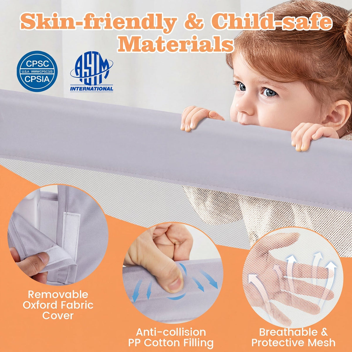 Foldable Bed Rail with Swing Down Design - Light Gray