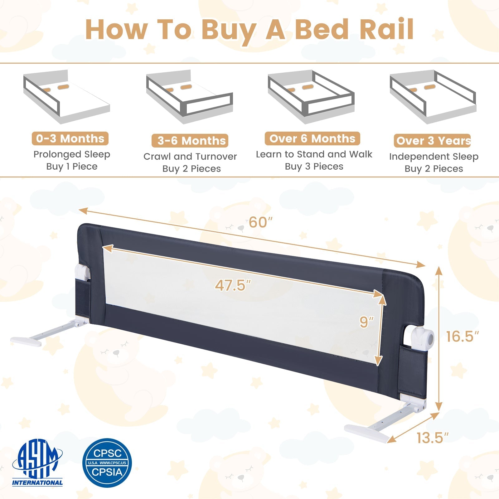 60-Inch Foldable Bed Rail Swing Down Baby Bed Guard Rail with Adjustable Safety Strap