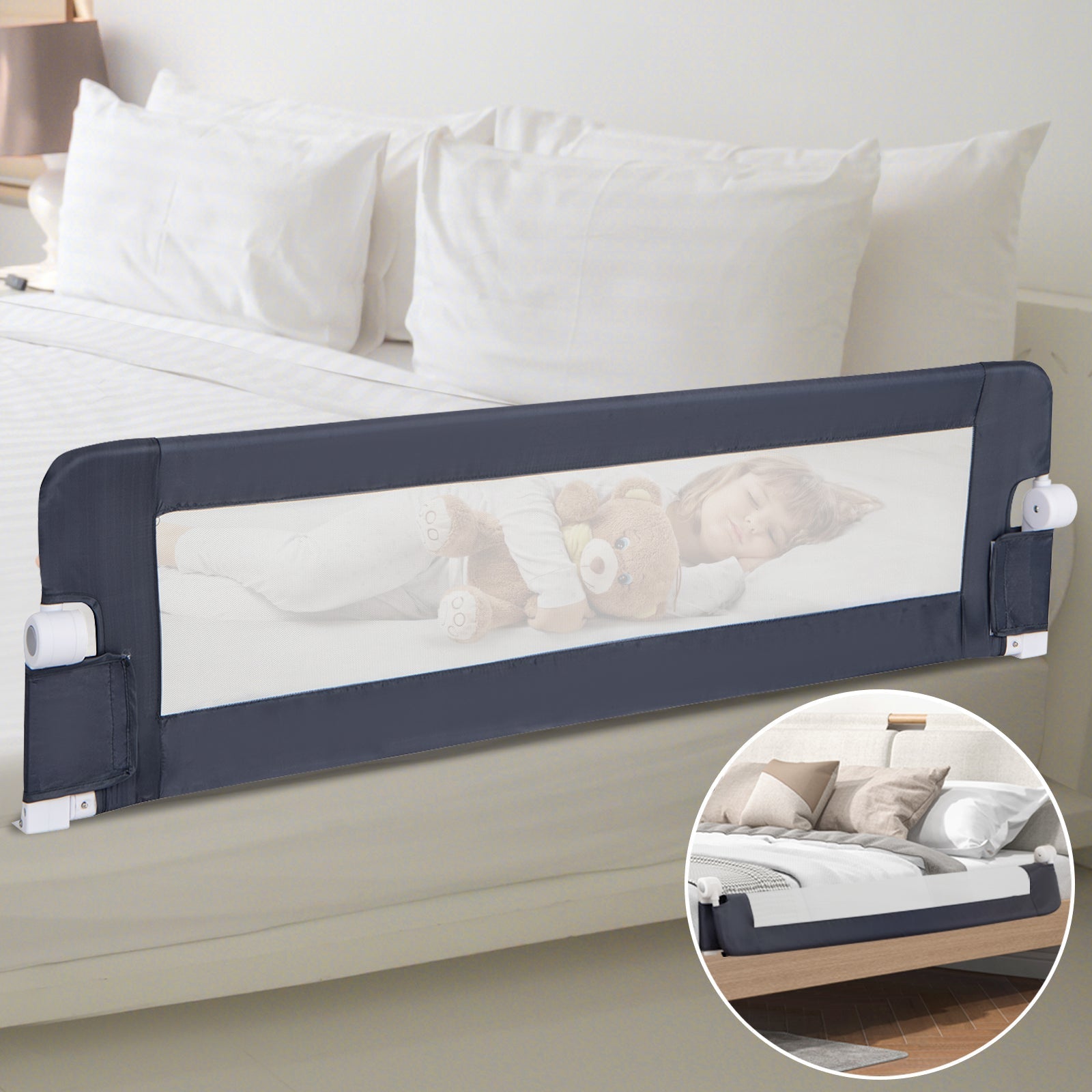 60-Inch Foldable Bed Rail Swing Down Baby Bed Guard Rail with Adjustable Safety Strap