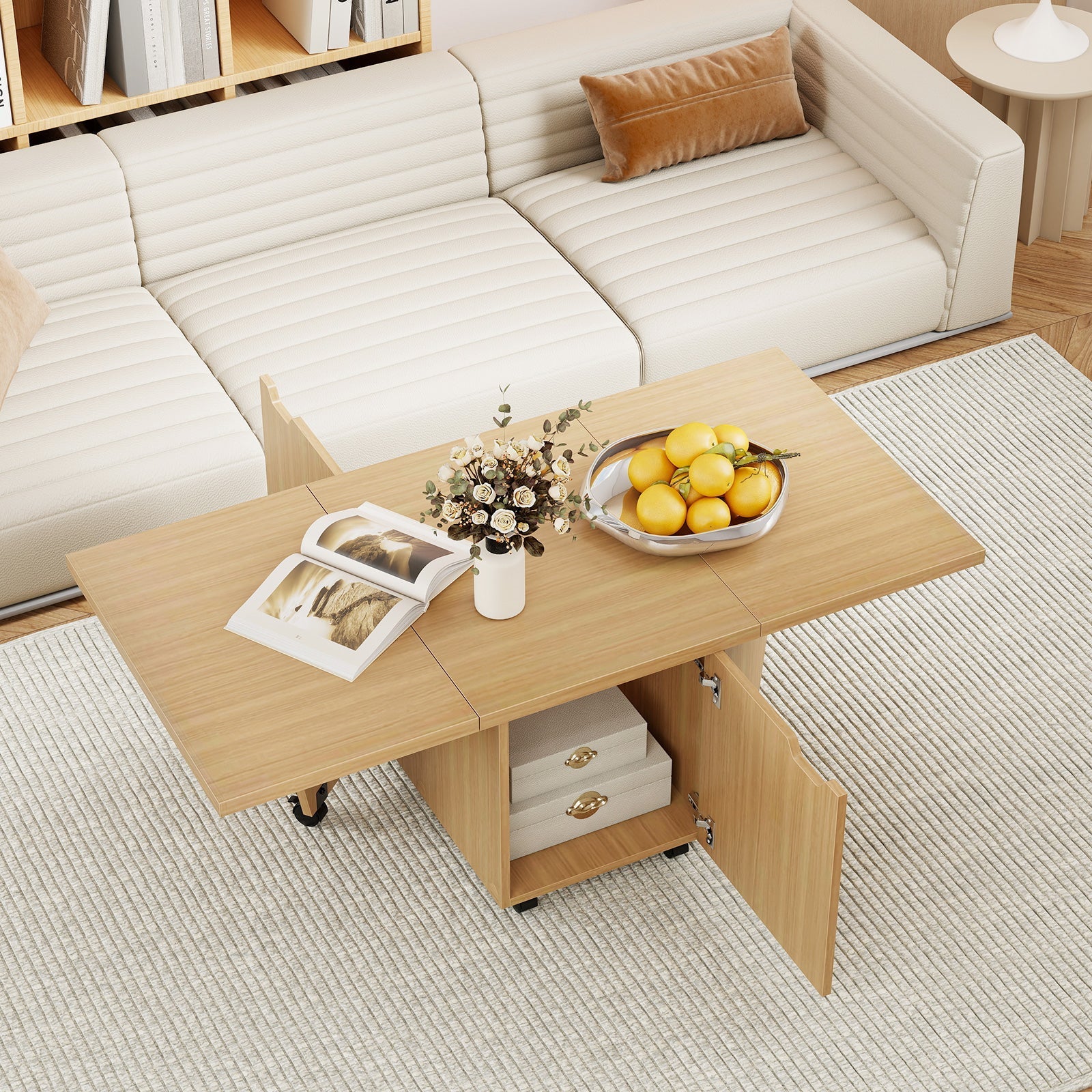 Foldable Coffee Table with Storage Cabinet Extendable Center Table