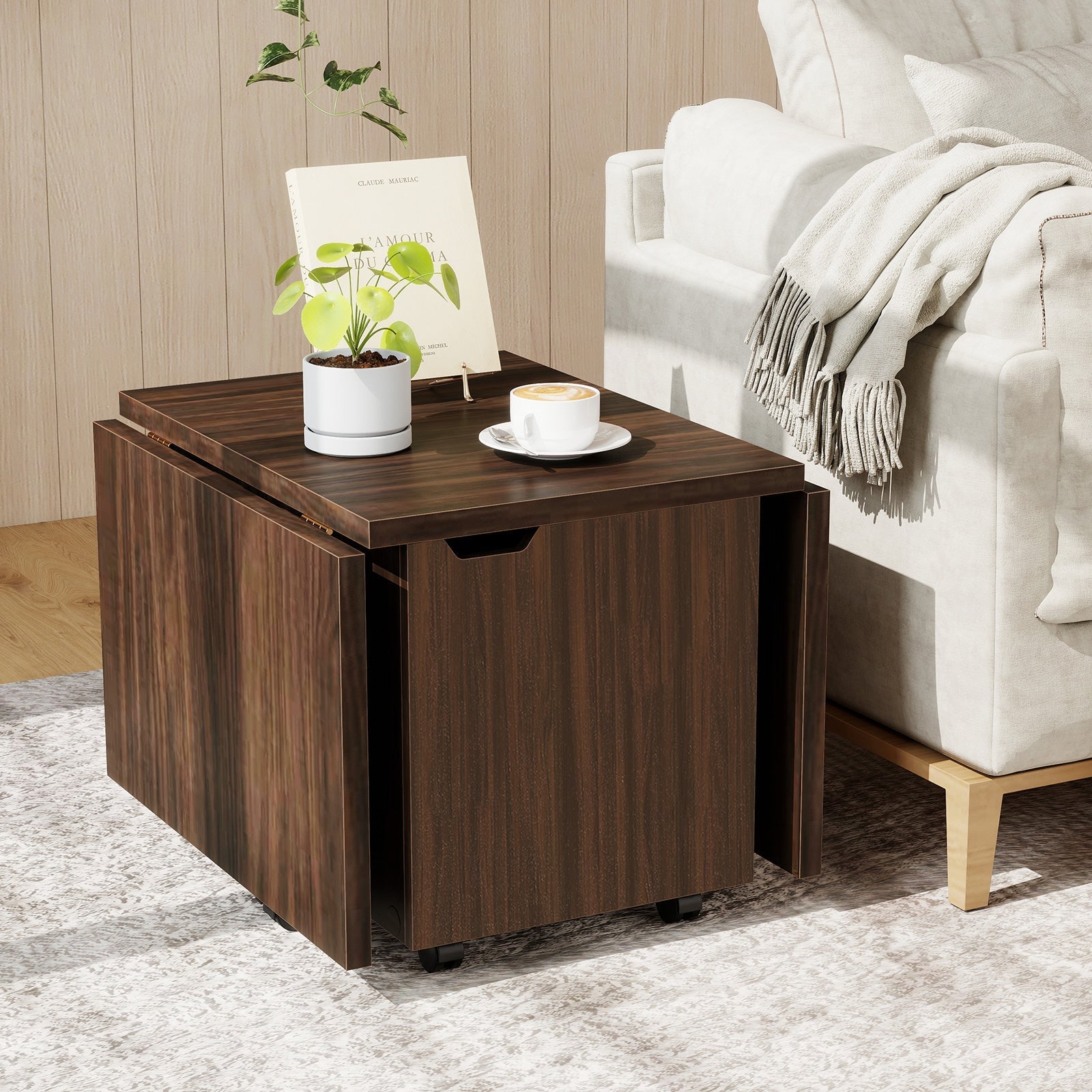 Foldable Coffee Table with Storage Cabinet Extendable Center Table