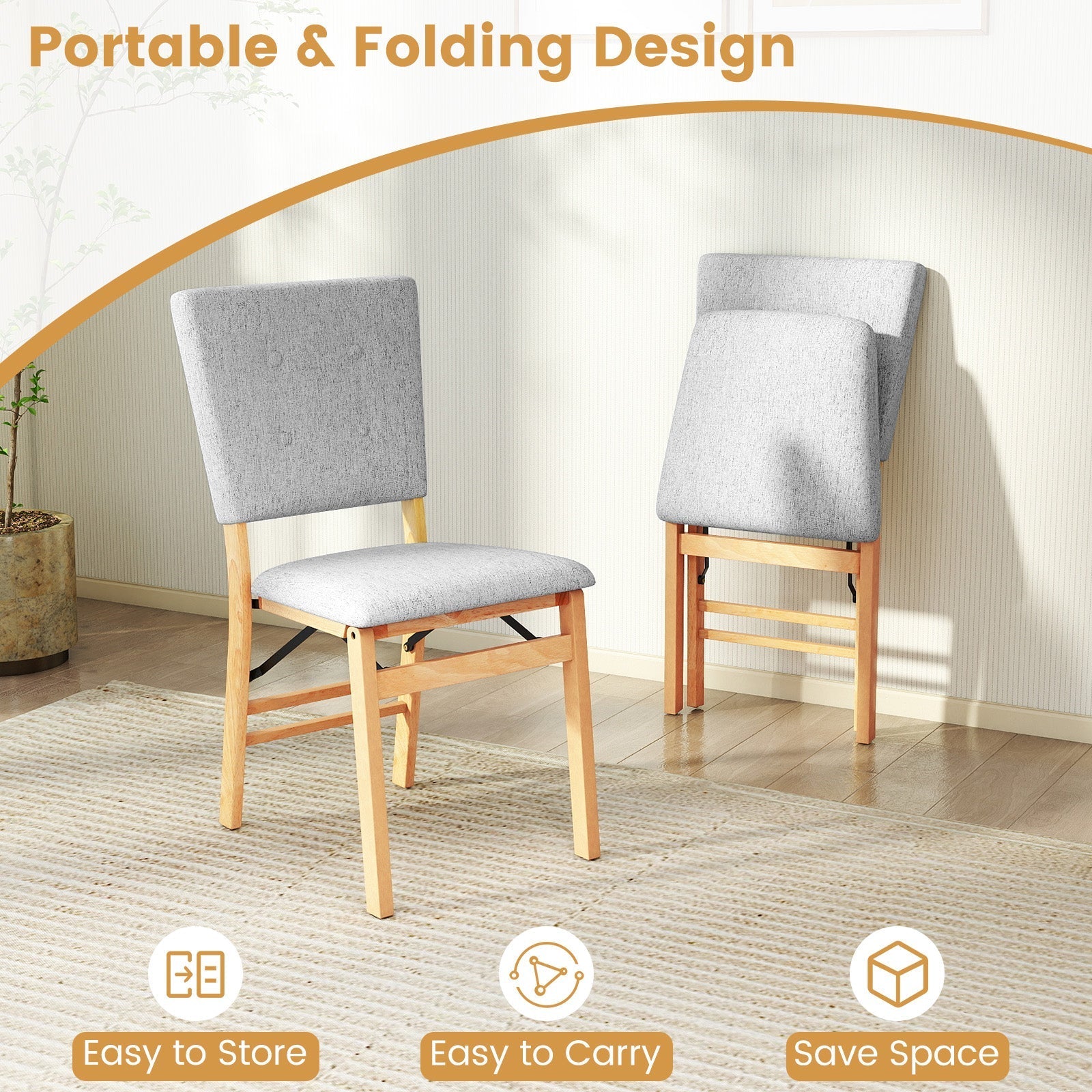 Foldable Dining Chair Set of 2 Armless Kitchen Chair with Padded Seat and Tilt Backrest