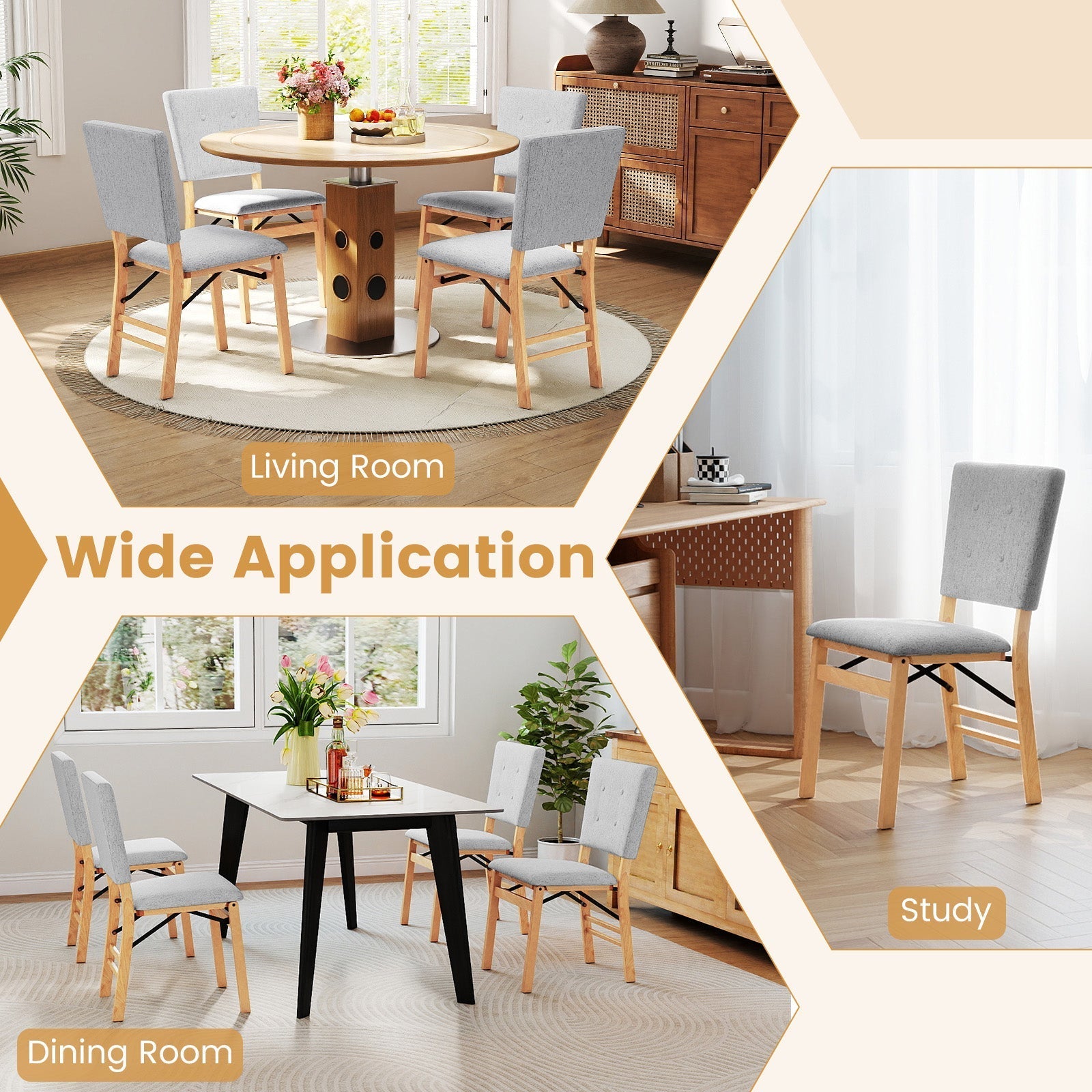 Foldable Dining Chair Set of 2 Armless Kitchen Chair with Padded Seat and Tilt Backrest