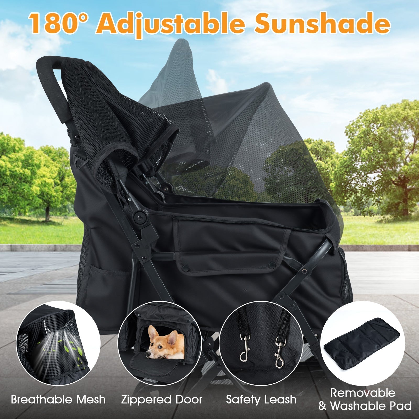 Foldable Double Pet Stroller with Adjustable Sunshade and Storage Basket