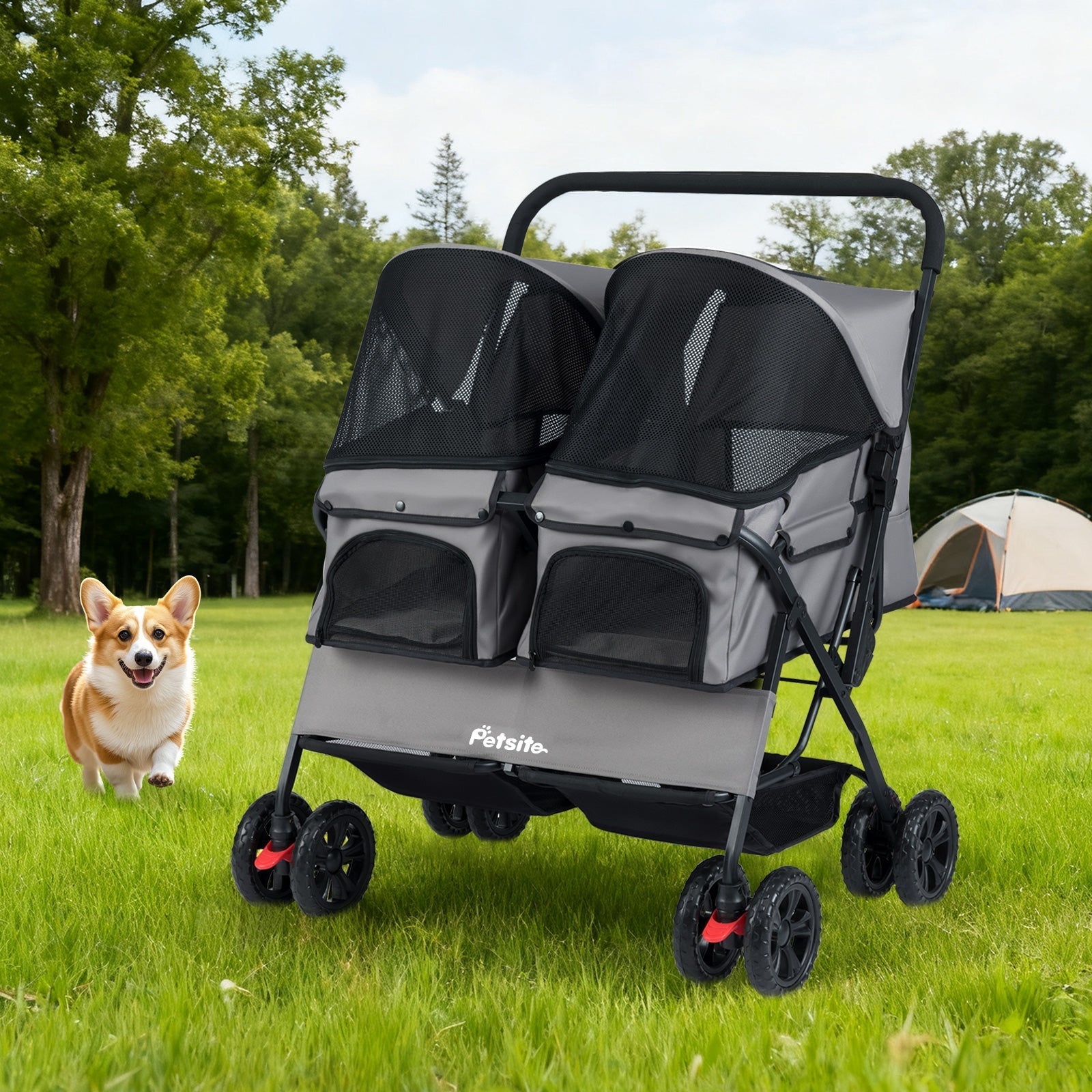 Foldable Double Pet Stroller with Adjustable Sunshade and Storage Basket