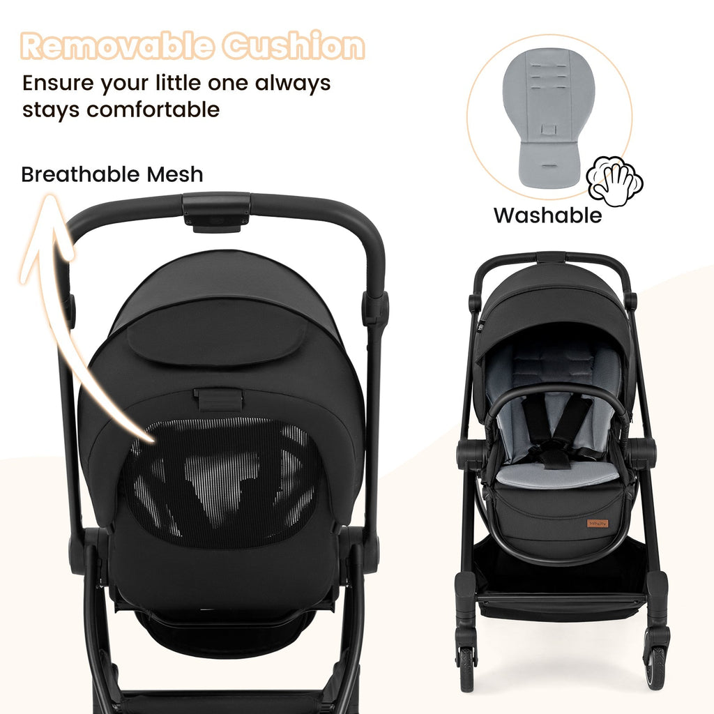 Foldable Infant Pram Stroller with Reversible Seat Reclining Backrest