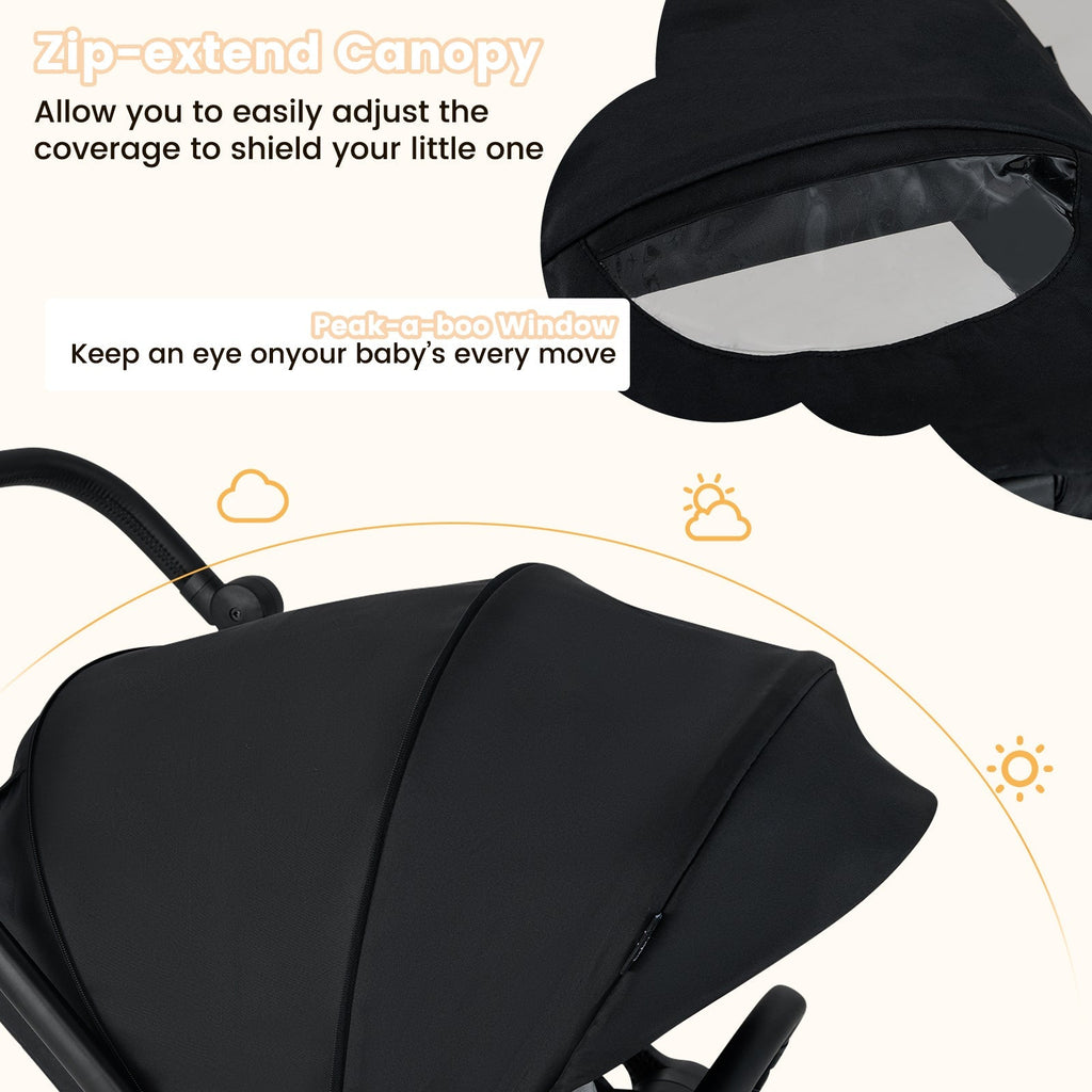 Foldable Infant Pram Stroller with Reversible Seat Reclining Backrest