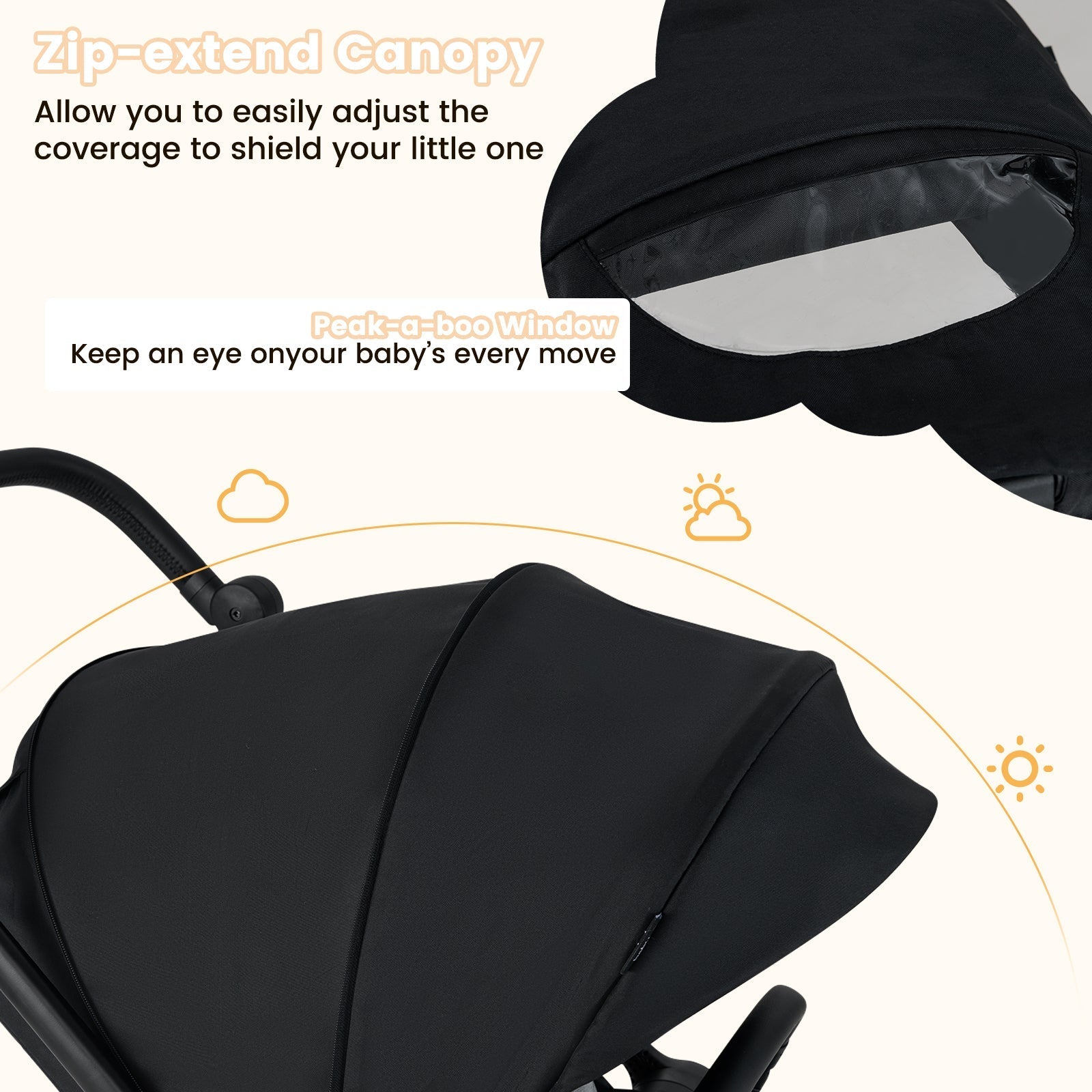 Foldable Infant Pram Stroller with Reversible Seat Reclining Backrest