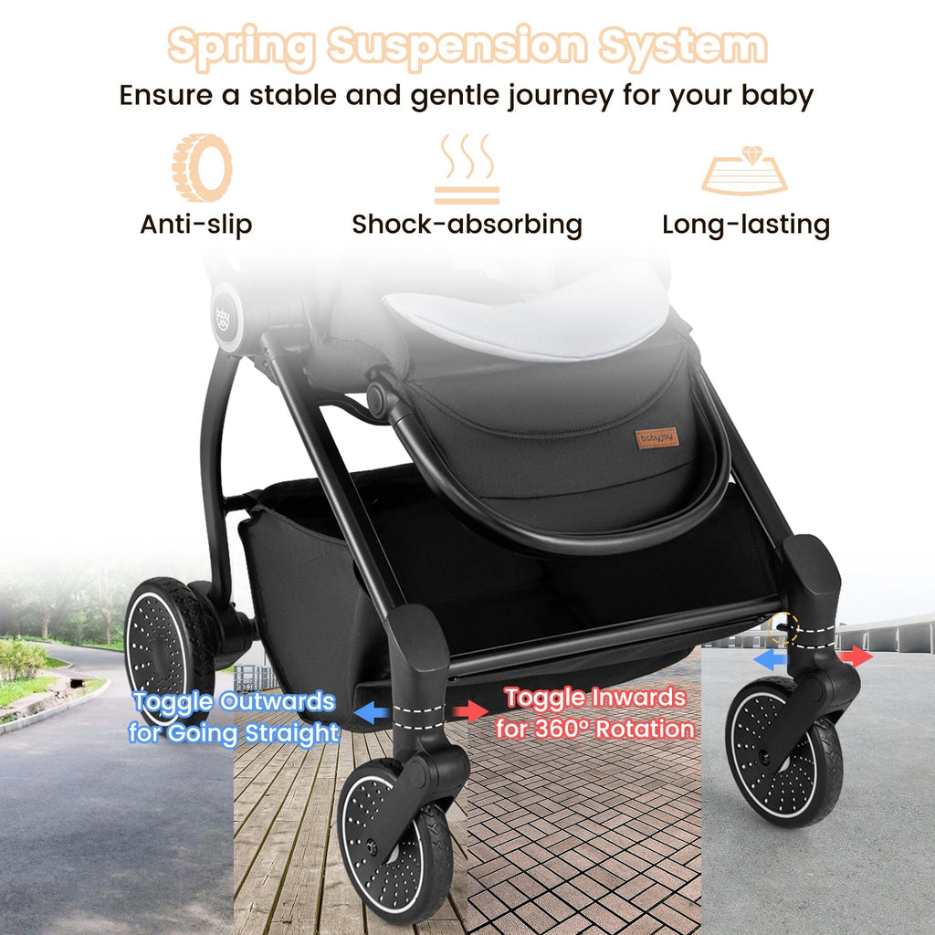 Foldable Infant Pram Stroller with Reversible Seat Reclining Backrest