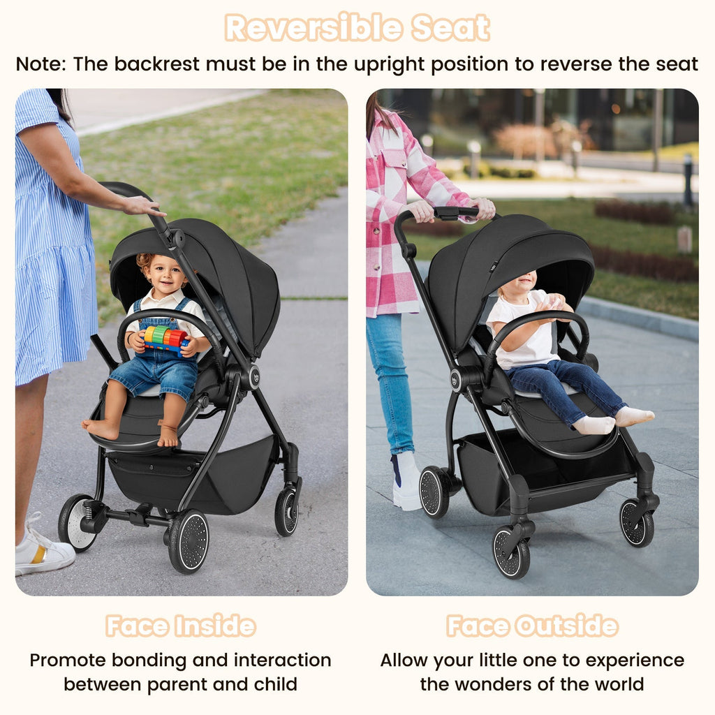 Foldable Infant Pram Stroller with Reversible Seat Reclining Backrest